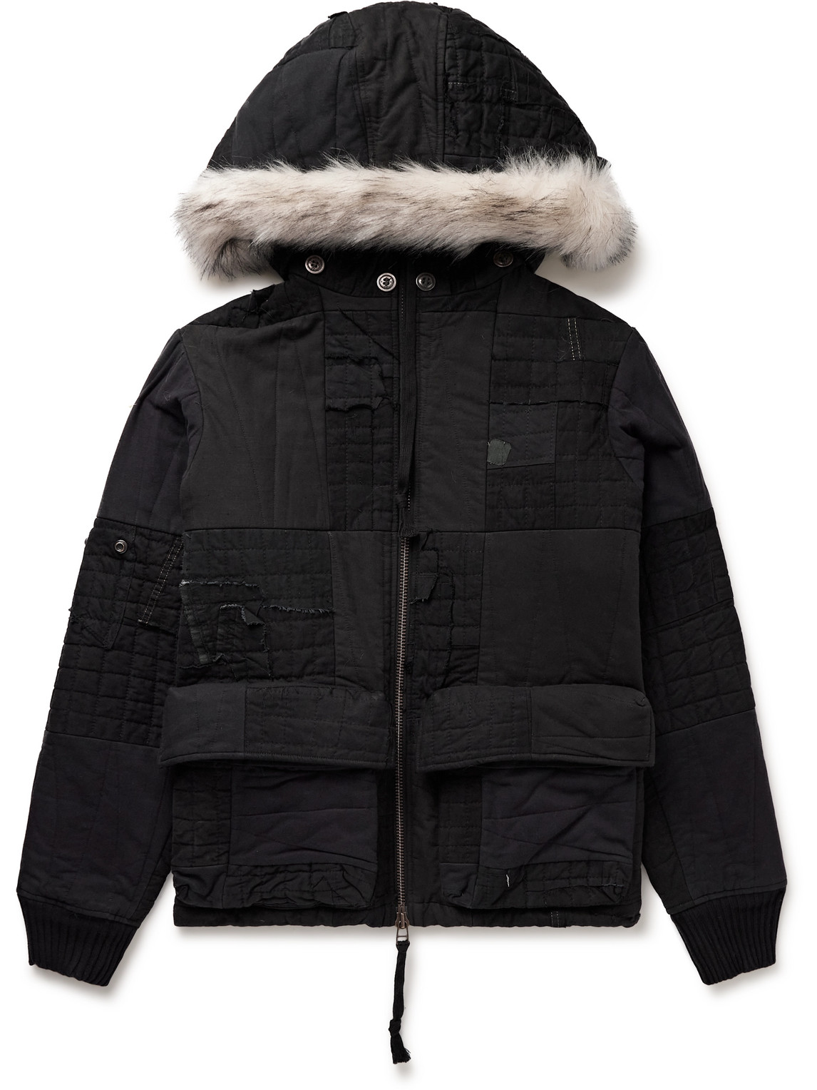 Greg Lauren Faux Fur-Trimmed Distressed Patchwork Cotton-Blend Hooded Jacket