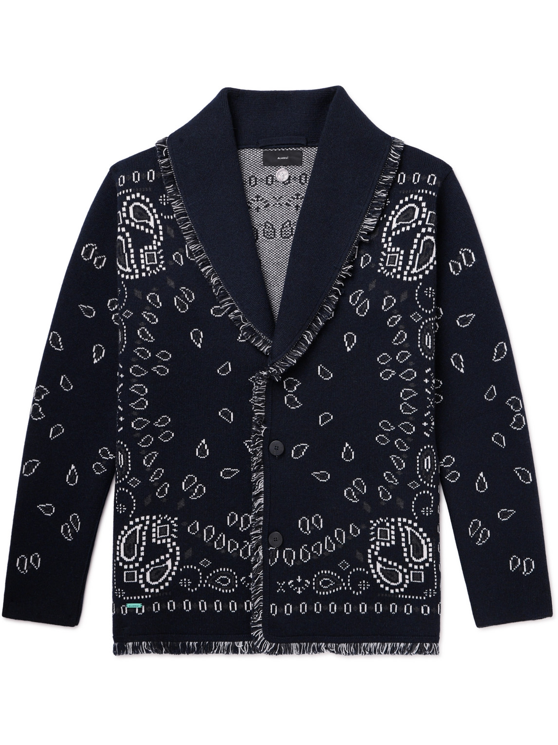 Shawl-Collar Fringed Bandana-Jacquard Cashmere Cardigan