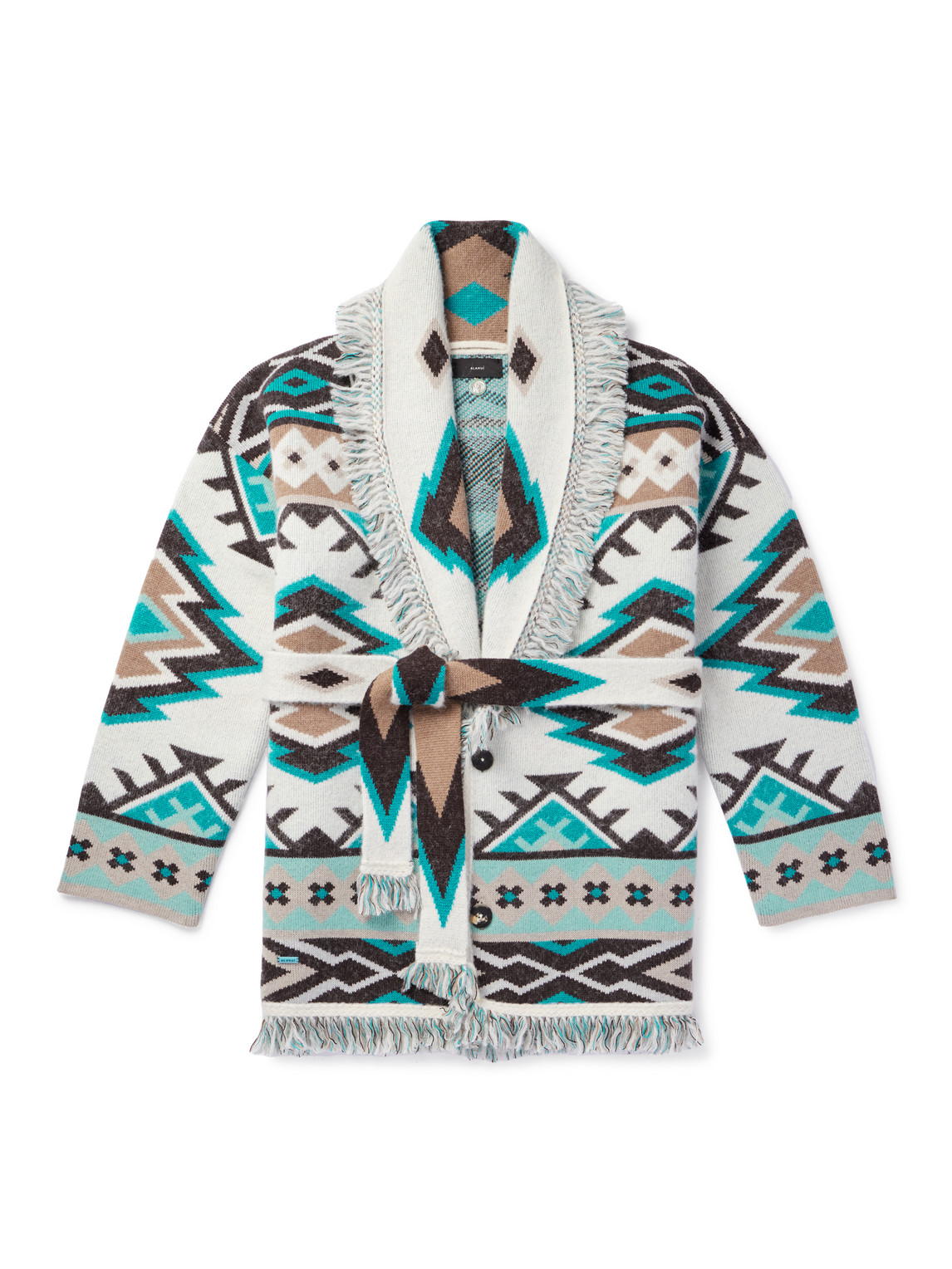 ALANUI THE NEVER ENDING WINTER FRINGED BELTED JACQUARD-KNIT CASHMERE CARDIGAN