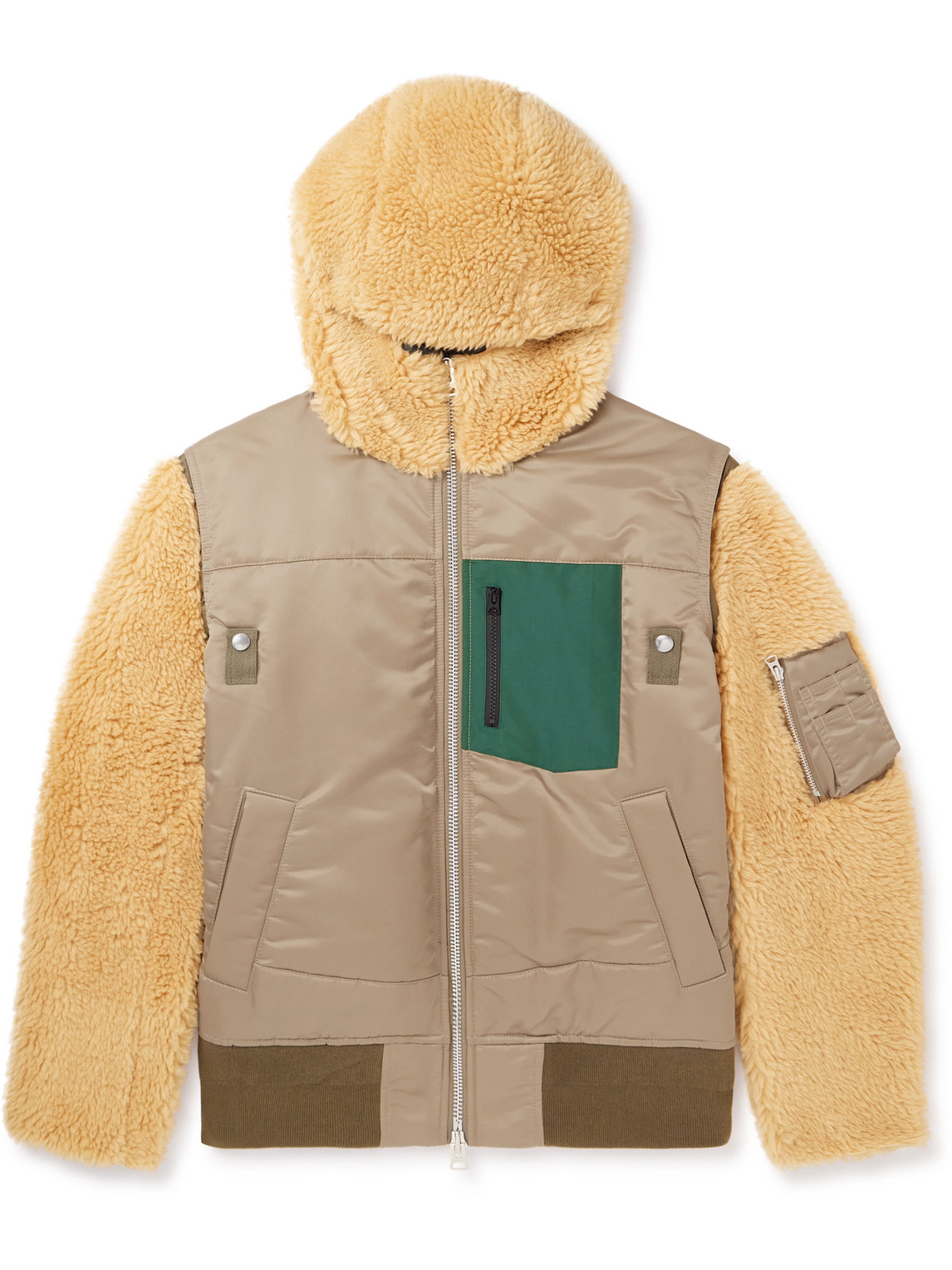 Sacai - Faux Shearling-Trimmed Nylon-Twill Hooded Bomber Jacket - Men - Neutrals - 1