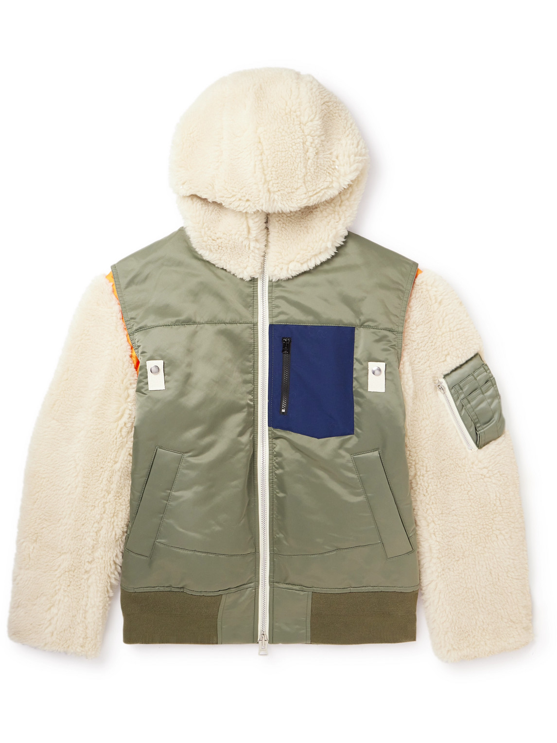 Faux Shearling-Trimmed Nylon-Twill Hooded Bomber Jacket