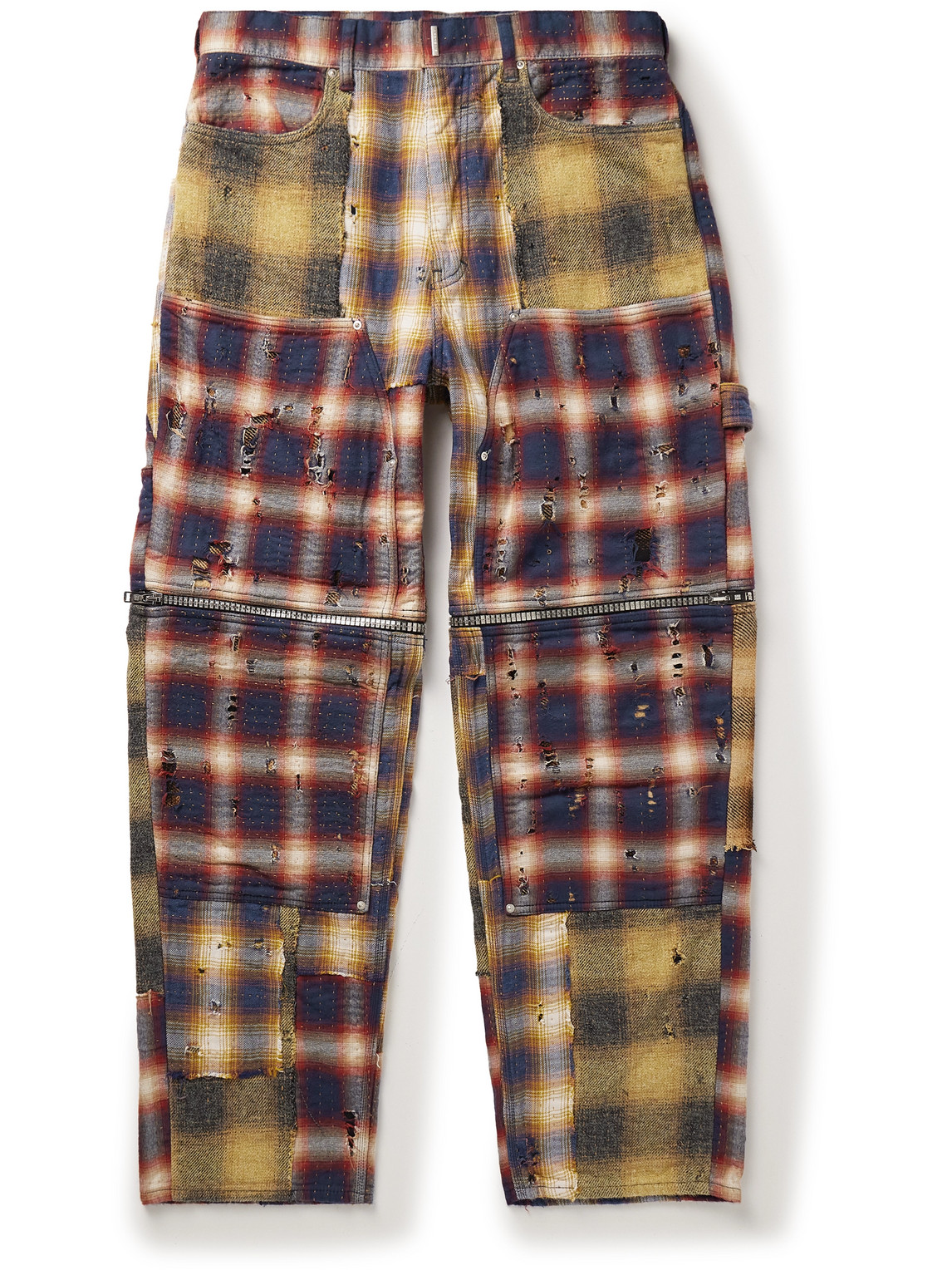 Givenchy - Straight-Leg Convertible Distressed Checked Cotton-Flannel Trousers - Men - Brown - UK/US 30
