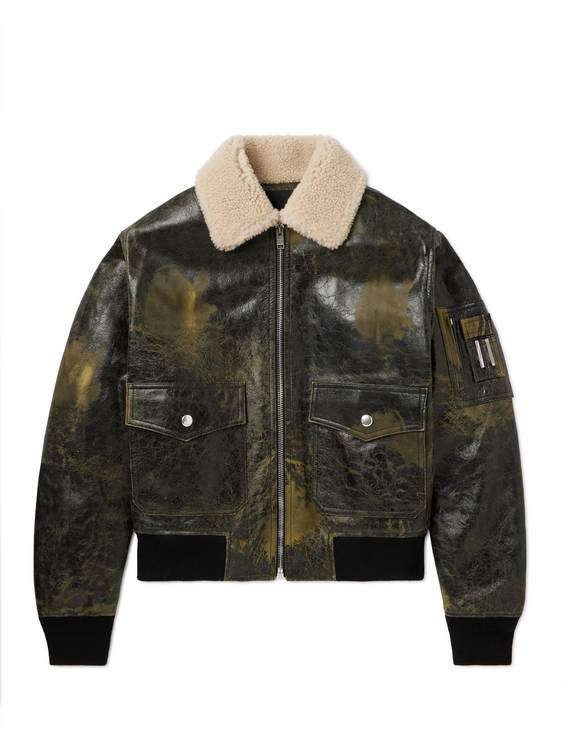 Distressed Shearling-Trimmed Cracked-Leather Jacket