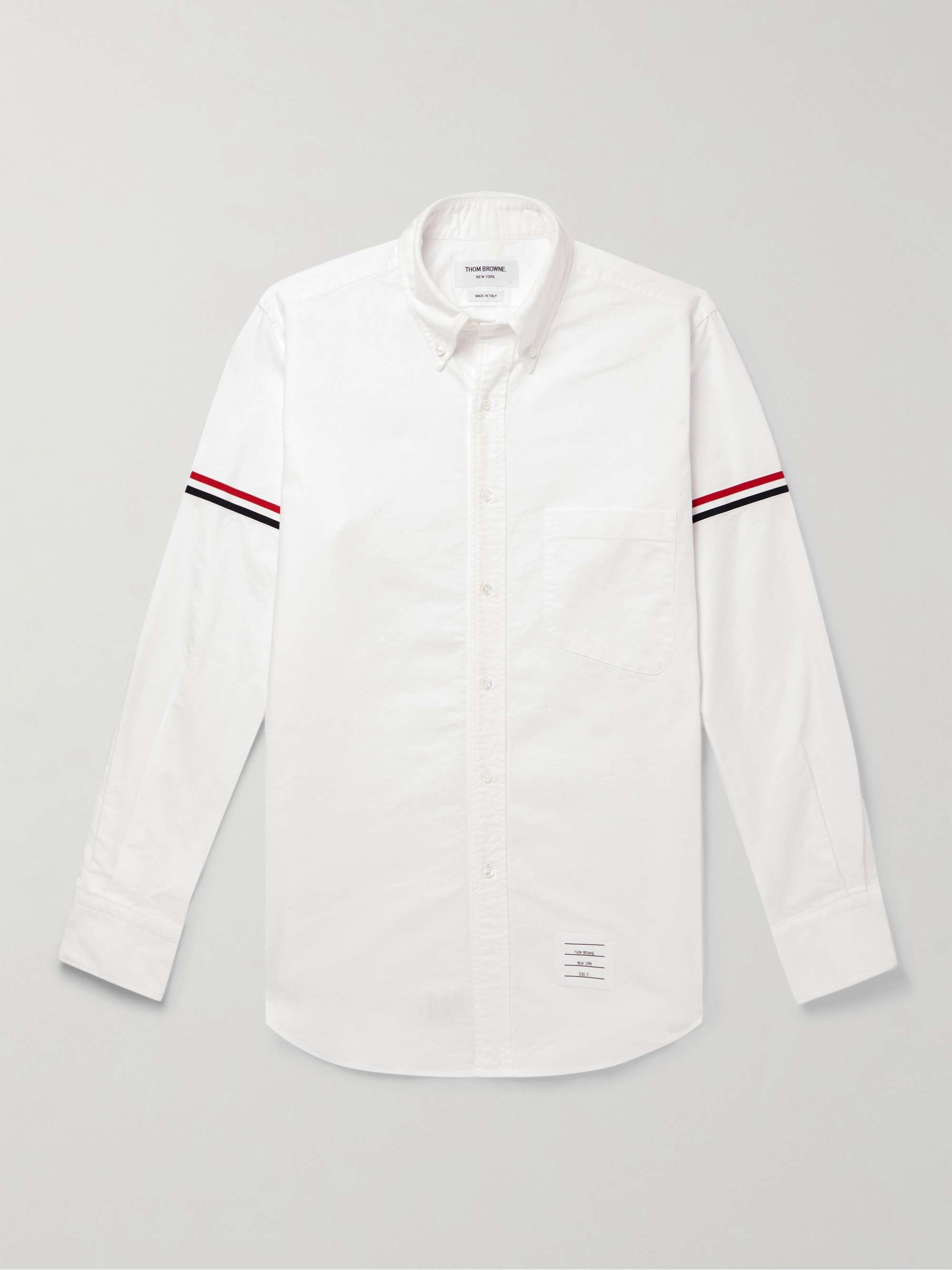 THOM BROWNE Button-Down Collar Striped Grosgrain-Trimmed Cotton-Poplin ...