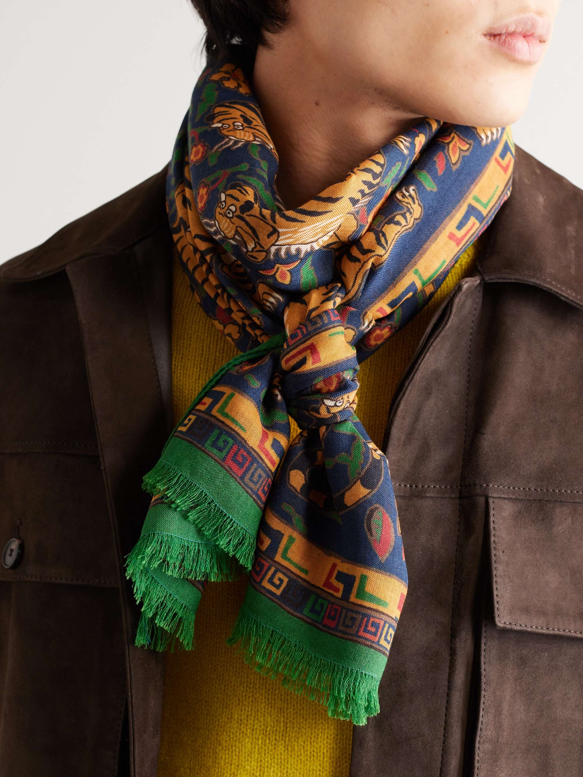 DRAKE'S Fringed Printed Wool and Silk-Blend Scarf