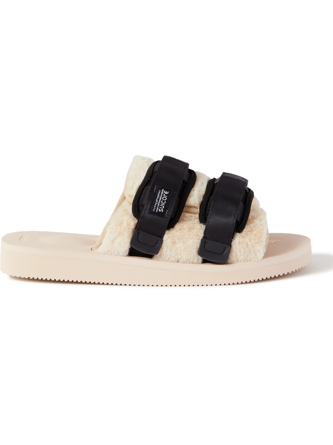 SUICOKE MOTO WEBBING AND SHELL-TRIMMED FAUX FUR SLIDES