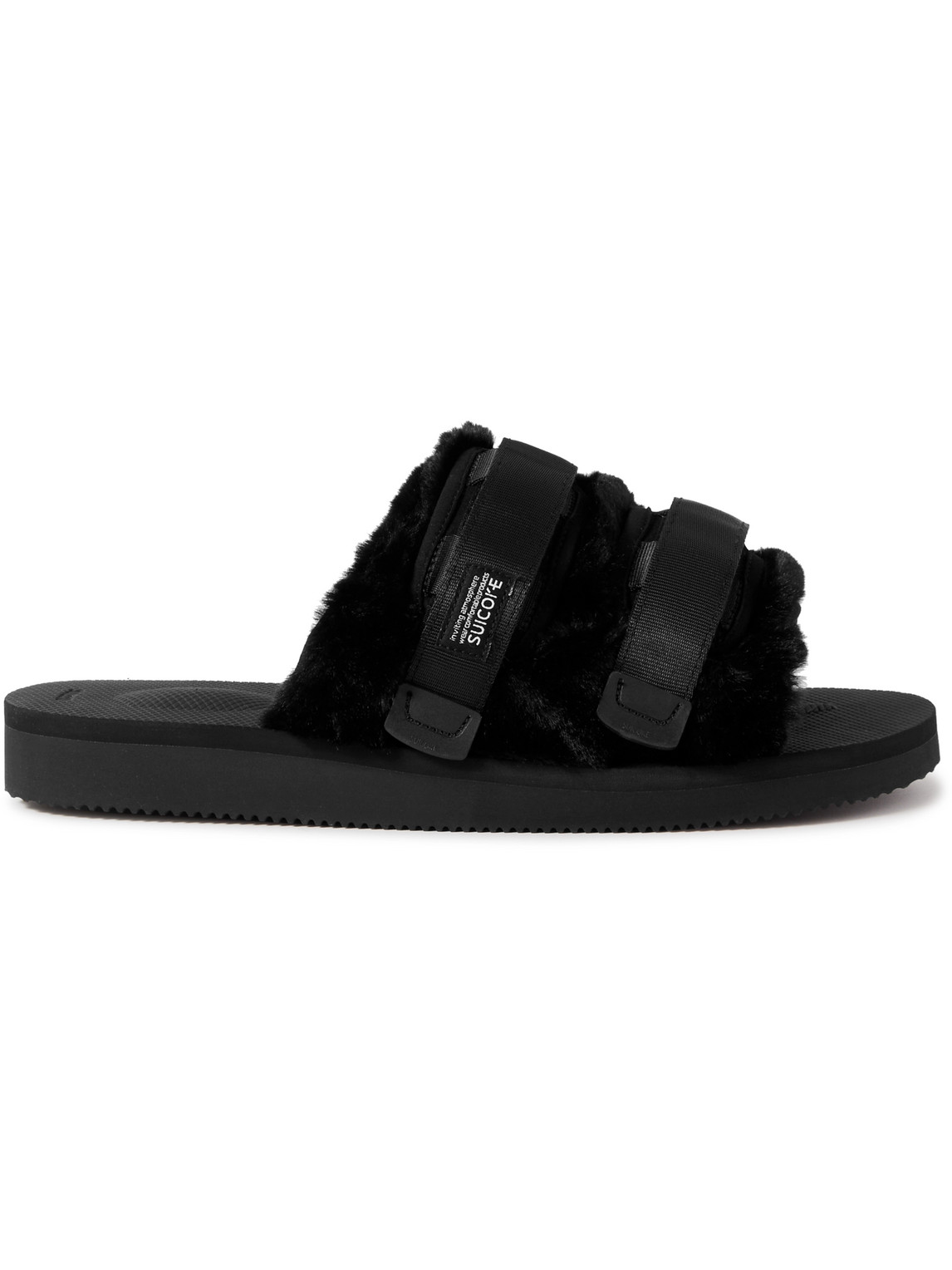 SUICOKE MOTO WEBBING AND SHELL-TRIMMED FAUX FUR SLIDES