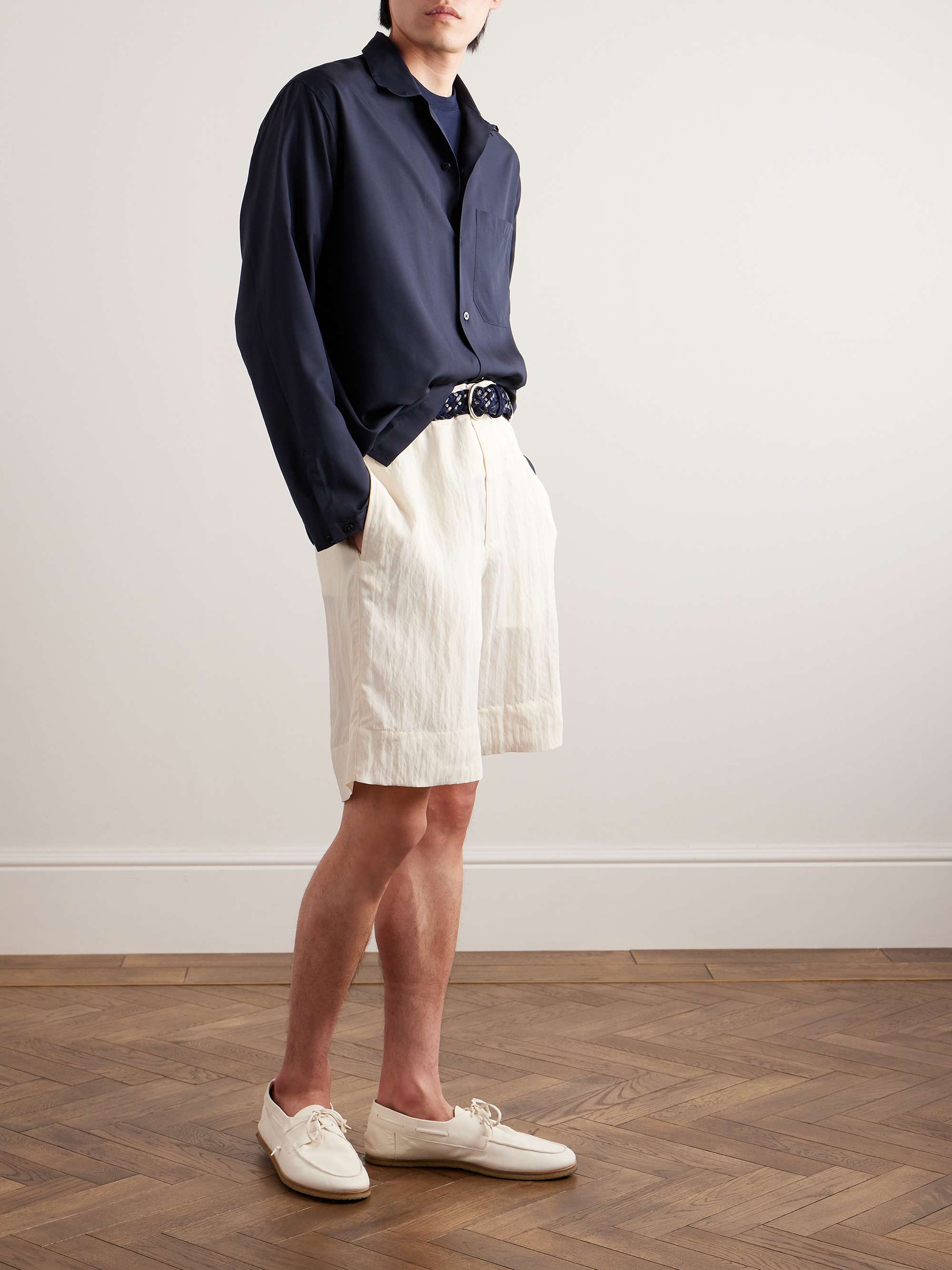 GIORGIO ARMANI Straight-Leg Pleated Crinkled Stretch-Twill Shorts