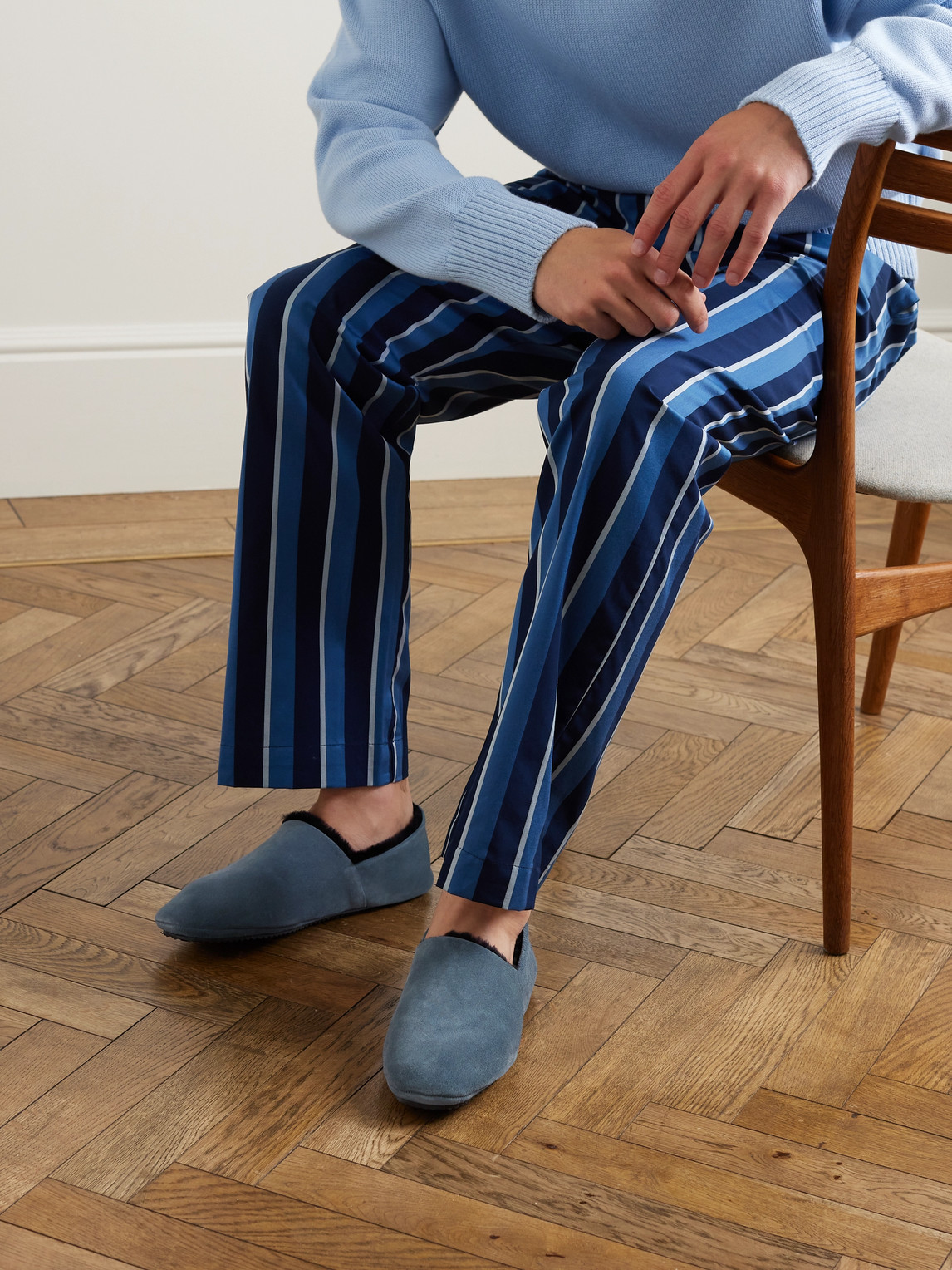 Shop Mr P Babouche Shearling-lined Suede Slippers In Blue
