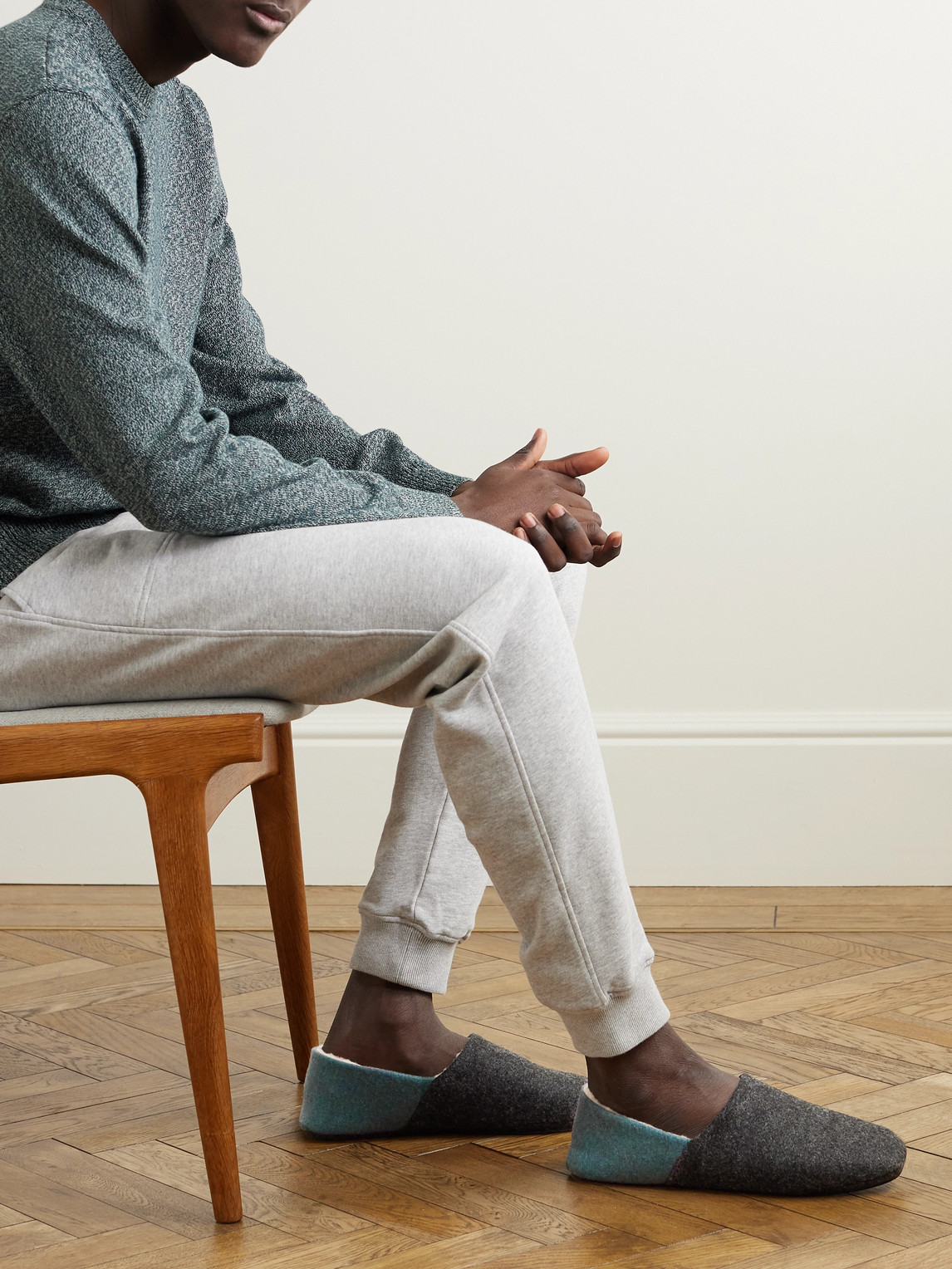 Shop Mr P Fleece-lined Two-tone Recycled-felt Slippers In Blue