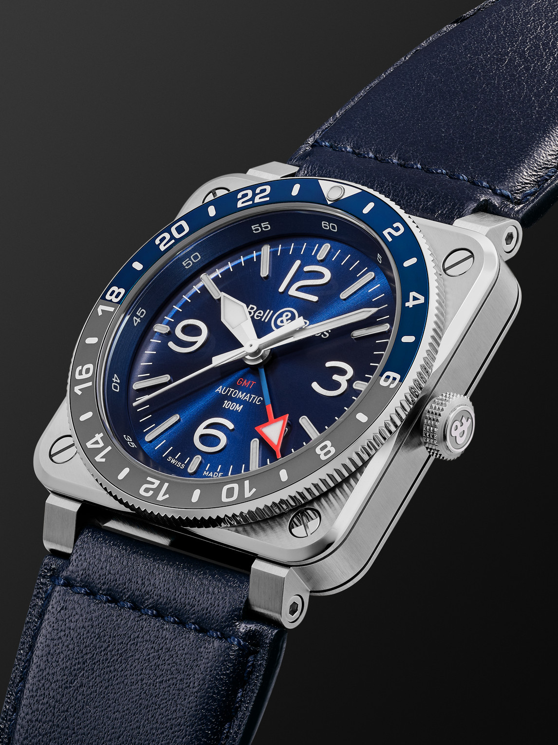 Bell & Ross - Br 03-93 Gmt Blue Automatic 42mm Stainless Steel And Leather Watch, Ref. No. Br0393-blu-st/sca - Men - Blue 
