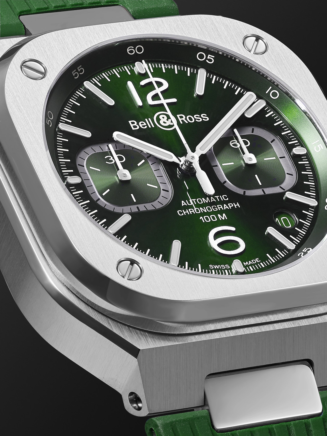 Shop Bell & Ross Br 05 Automatic Chronograph 42mm Stainless Steel And Rubber Watch, Ref. No. Br05c-gn-st/srb In Green