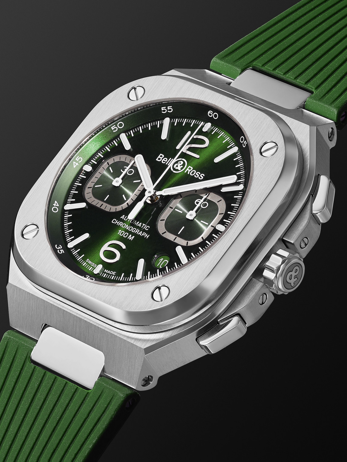 Shop Bell & Ross Br 05 Automatic Chronograph 42mm Stainless Steel And Rubber Watch, Ref. No. Br05c-gn-st/srb In Green