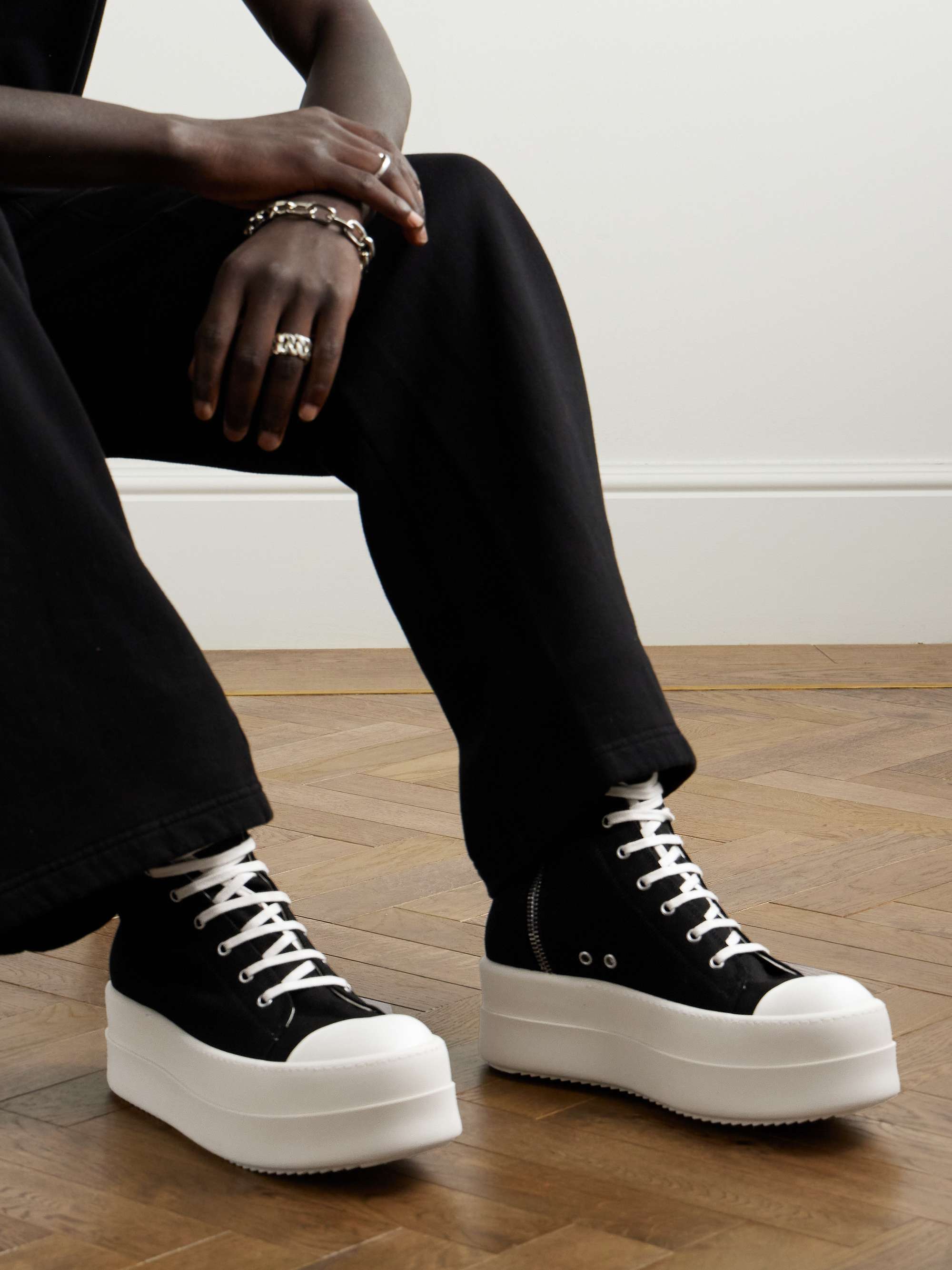 DRKSHDW Denim High Top Sneakers in Black - Rick Owens