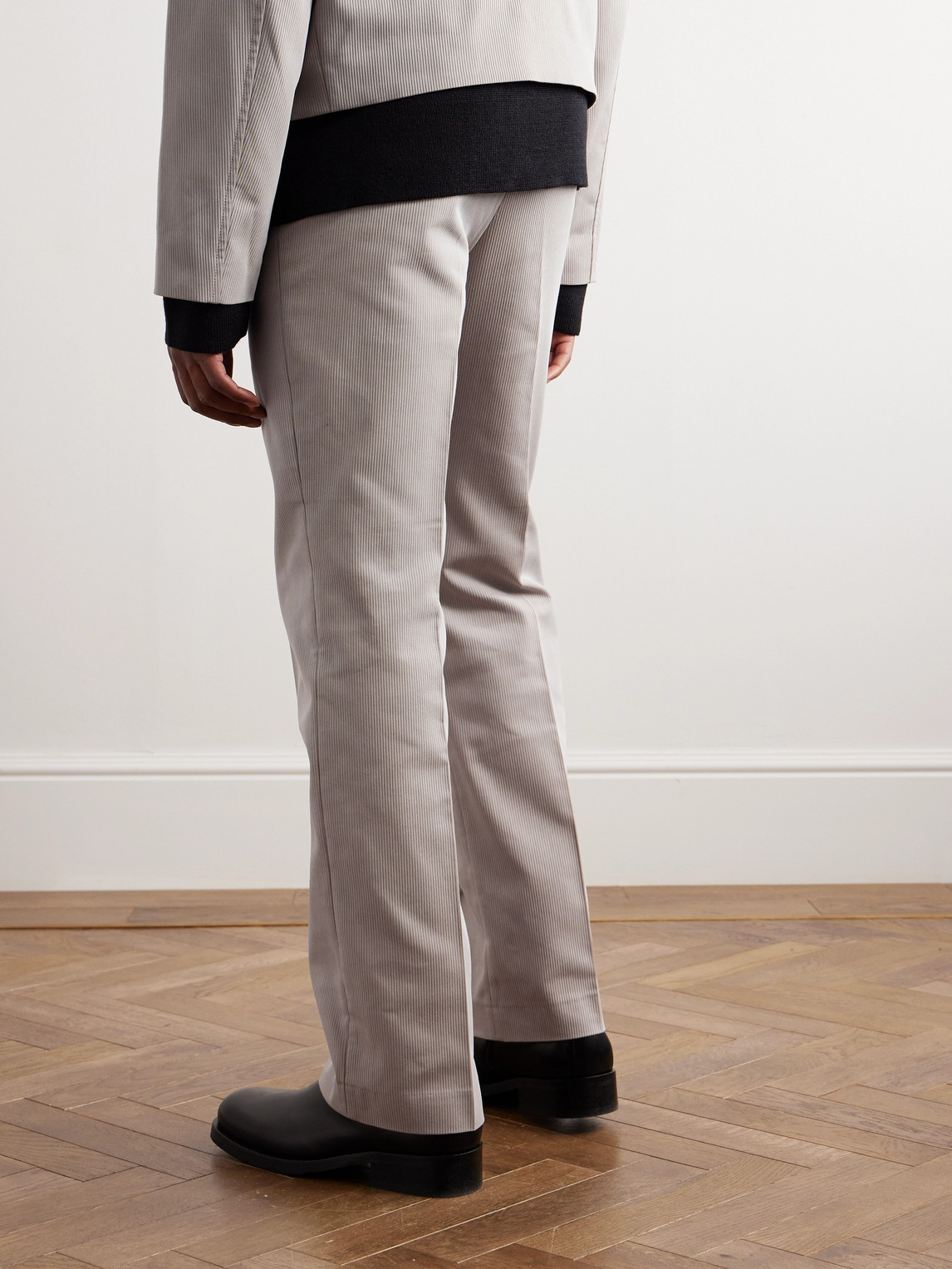 Shop Our Legacy Darien Straight-leg Pleated Striped Cotton-blend Trousers In Gray