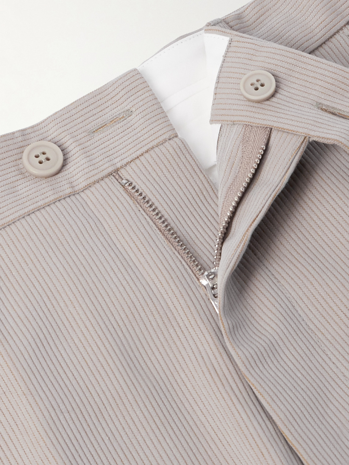 Shop Our Legacy Darien Straight-leg Pleated Striped Cotton-blend Trousers In Gray