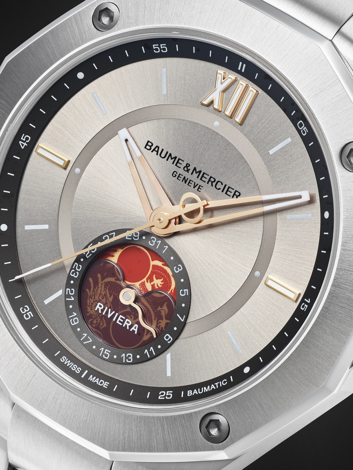 Shop Baume & Mercier Riviera Baumatic Automatic Moon-phase 43mm Stainless Steel Watch, Ref. M0a10744 In Silver