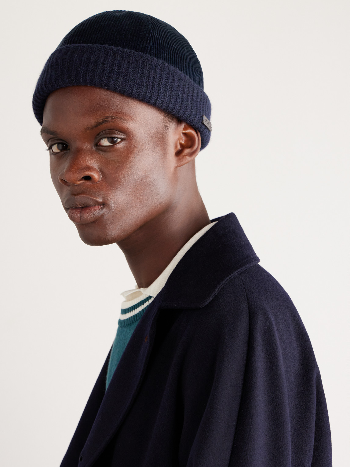 Shop Loro Piana Logo-appliquéd Ribbed Stretch-cotton And Cashmere-blend Beanie In Blue