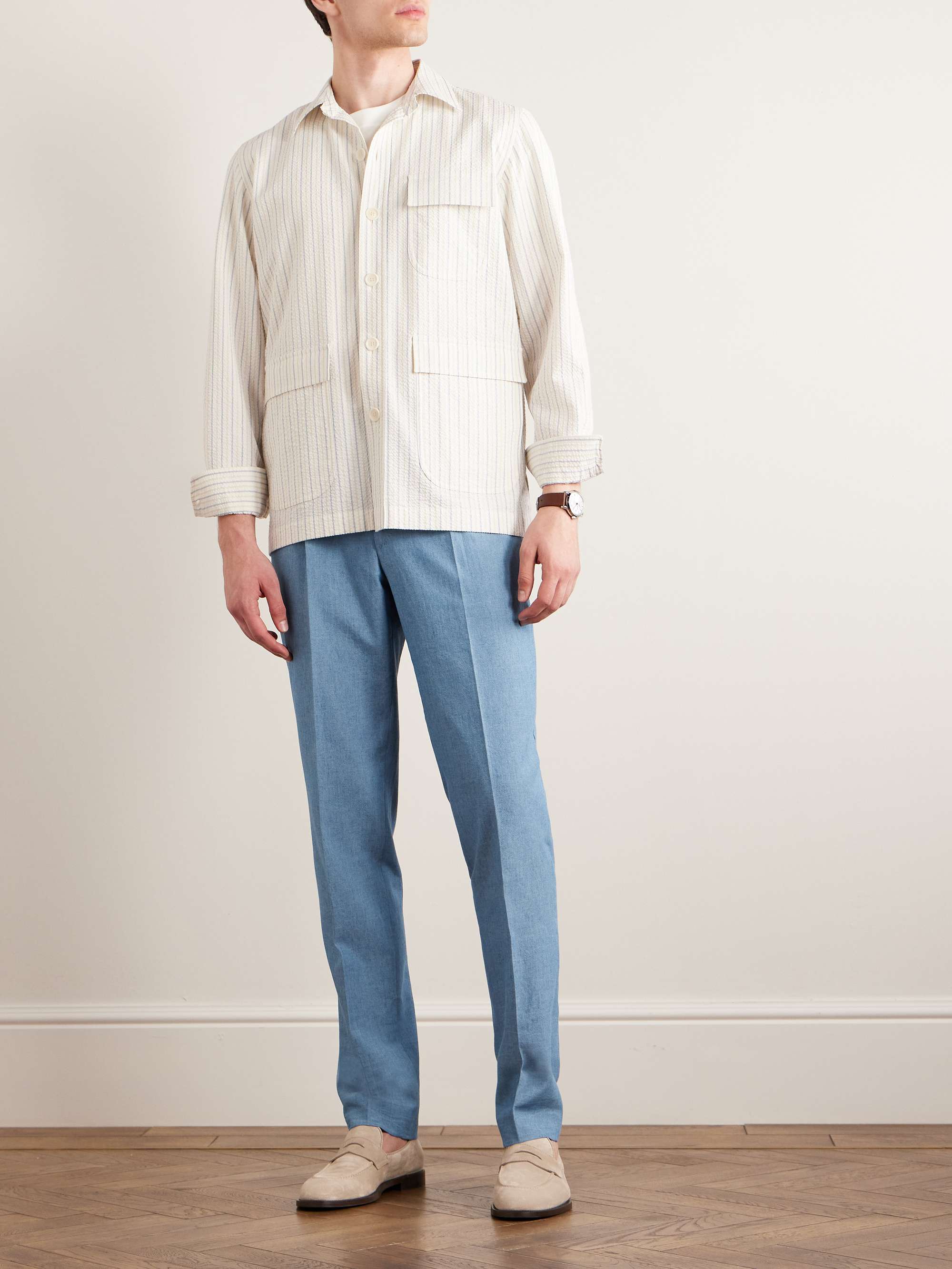 DE PETRILLO Straight-Leg Pleated Cotton-Chambray Trousers for Men | MR ...