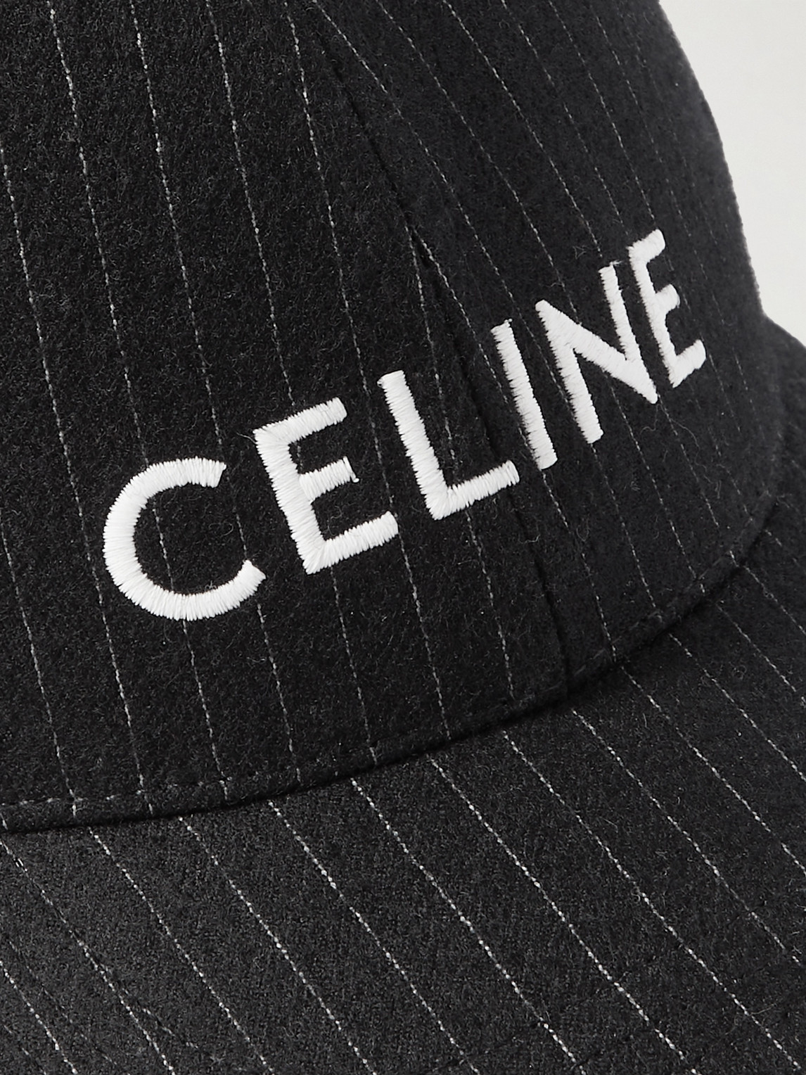 Celine Logo-embroidered Pinstriped Wool Hat In Black