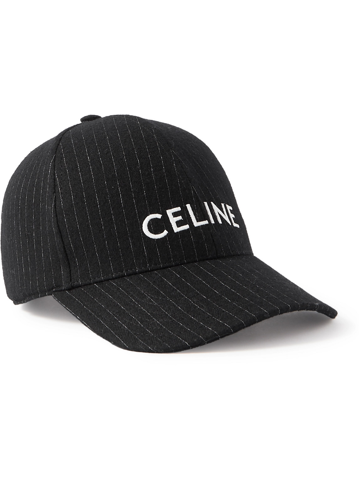 Celine Logo-embroidered Pinstriped Wool Hat In Black