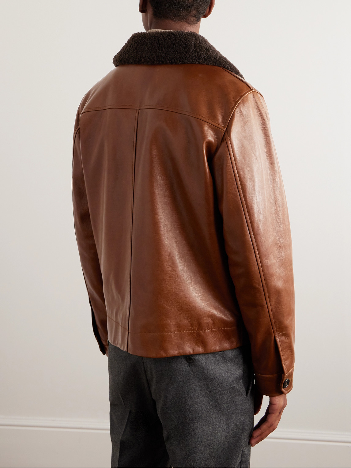Shop Loro Piana Shearling-trimmed Leather Jacket In Brown