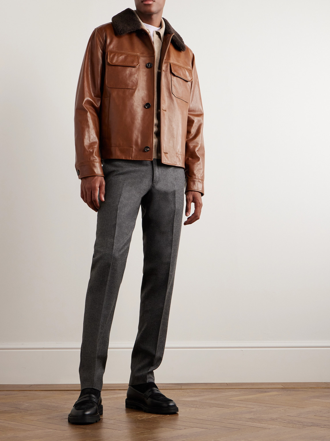 Shop Loro Piana Shearling-trimmed Leather Jacket In Brown