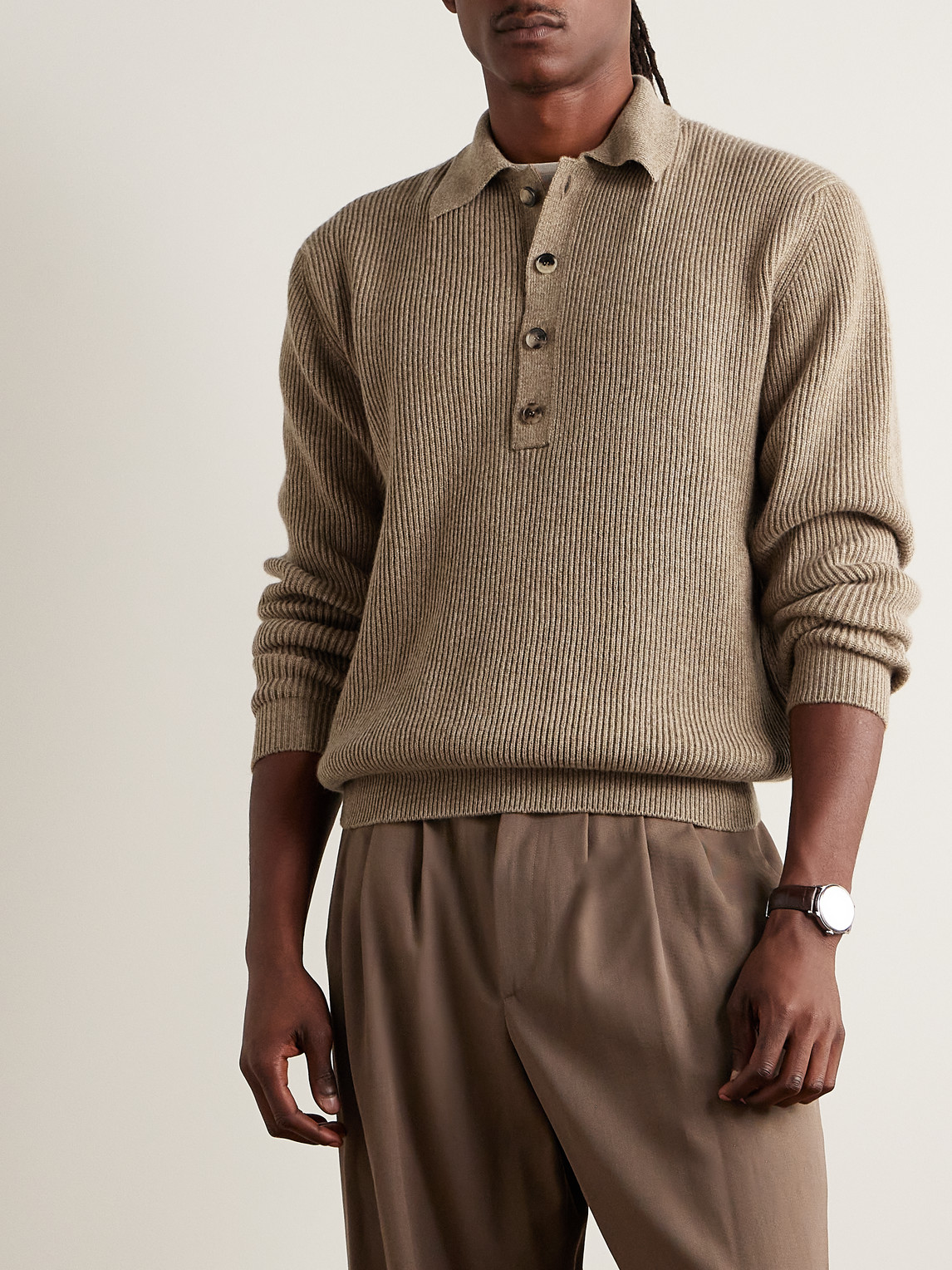 Shop Loro Piana Ribbed Cashmere Polo Shirt In Brown