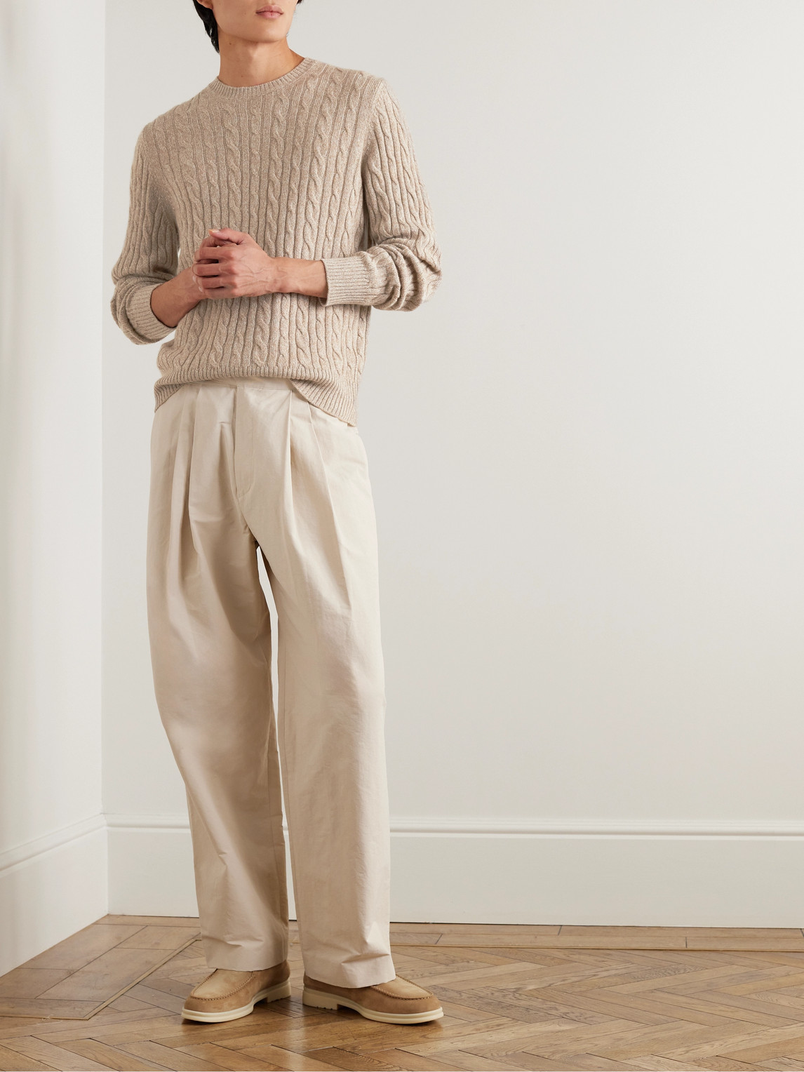 Shop Loro Piana Slim-fit Cable-knit Cashmere Sweater In Neutrals