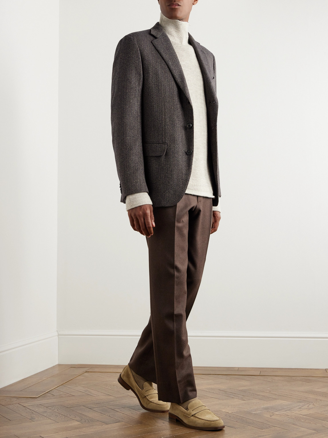 Shop Loro Piana Torino Pinstripe Herringbone Cashmere-tweed Blazer In Brown