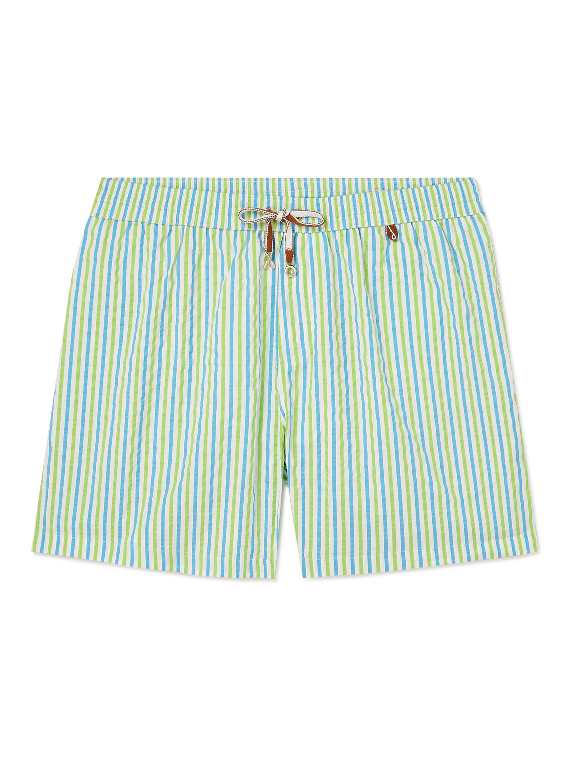 Loro Piana Bay Straight-leg Mid-length Striped Seersucker Swim Shorts In Green