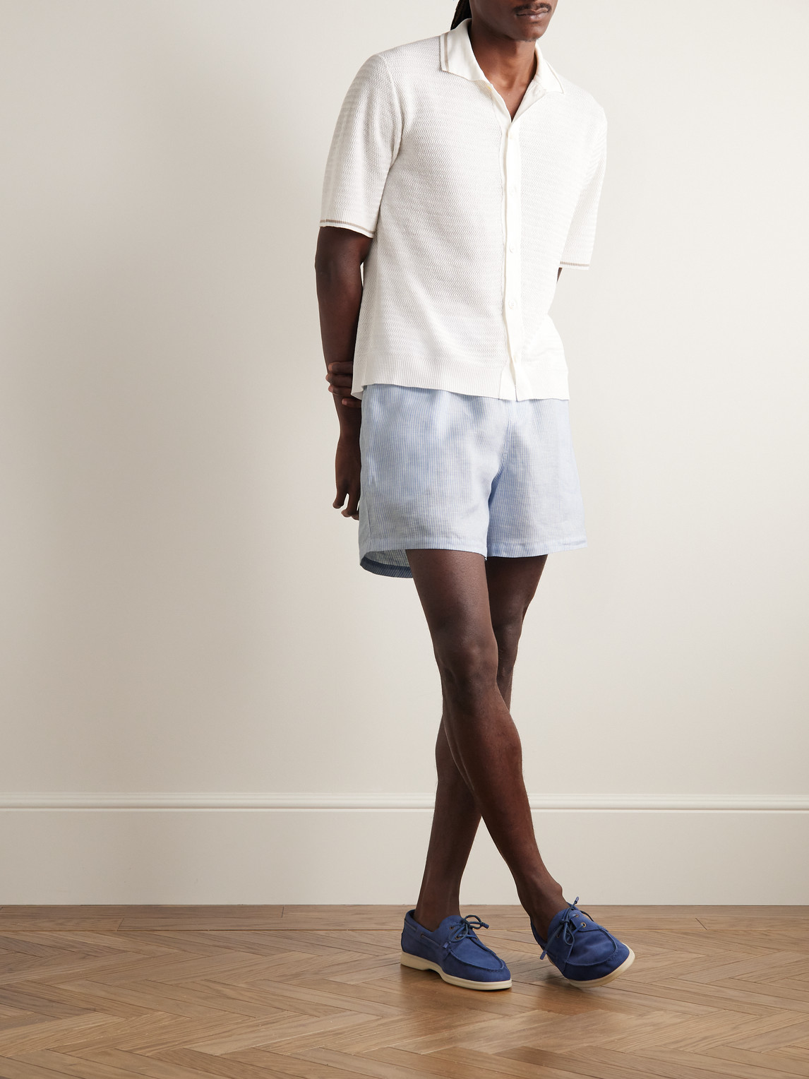 Shop Loro Piana Arizona Straight-leg Striped Linen Drawstring Bermuda Shorts In Blue