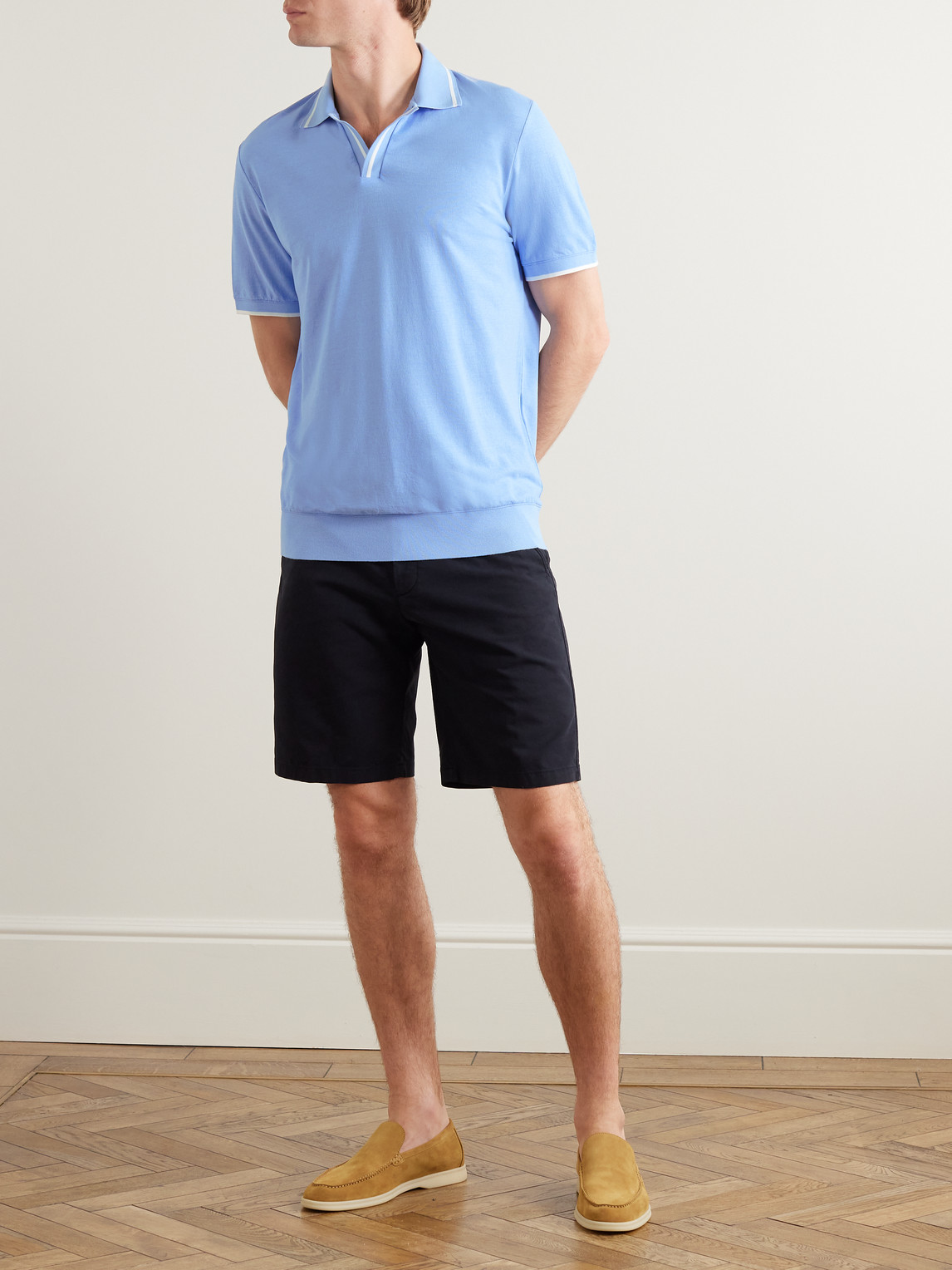 Shop Loro Piana Contrast-tipped Cotton Polo Shirt In Blue