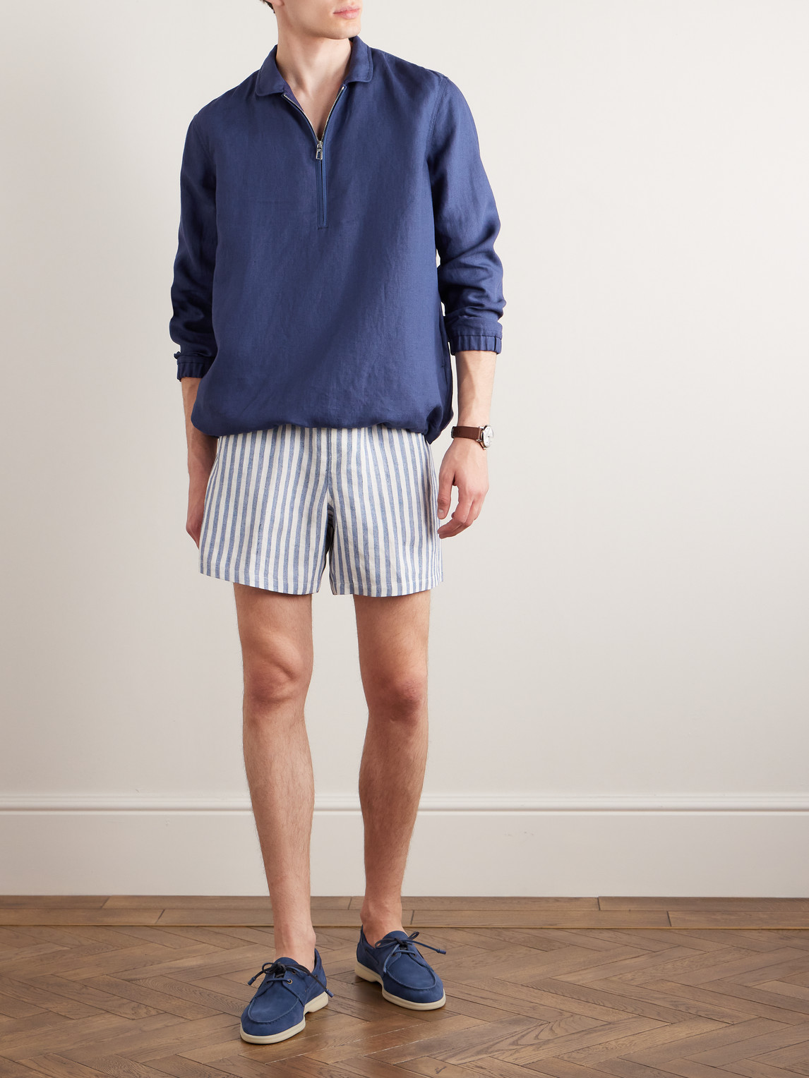 Loro Piana Linen Half-zip Jacket In Blue