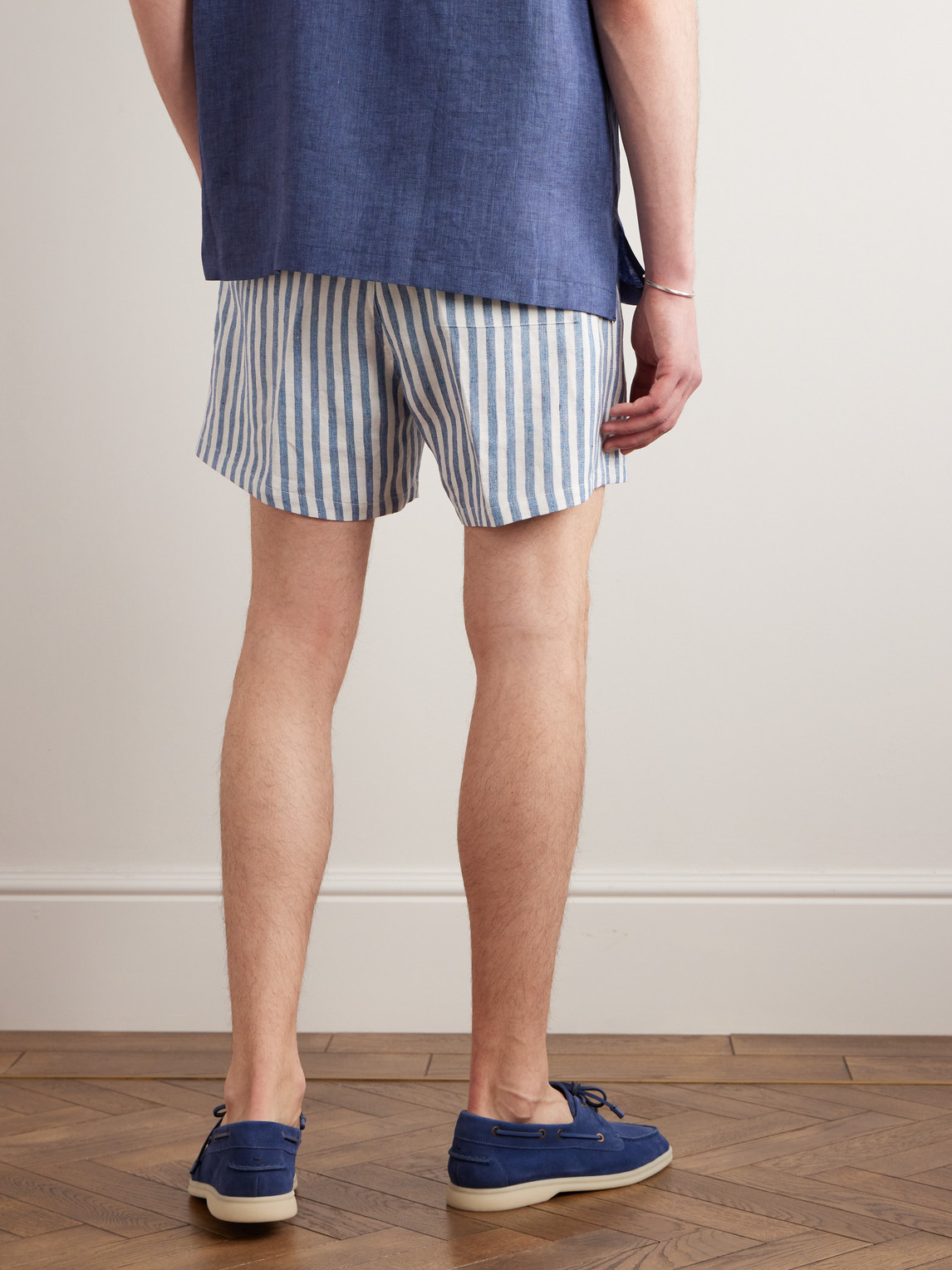 Shop Loro Piana Bermuda Bay Straight-leg Striped Linen Drawstring Shorts In Blue