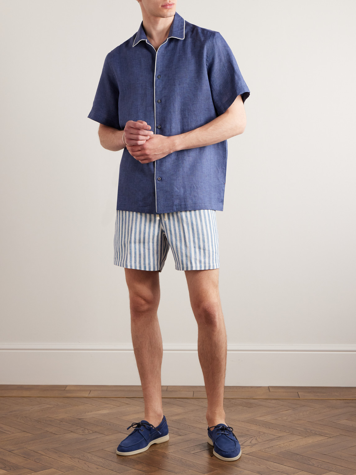 Shop Loro Piana Bermuda Bay Straight-leg Striped Linen Drawstring Shorts In Blue