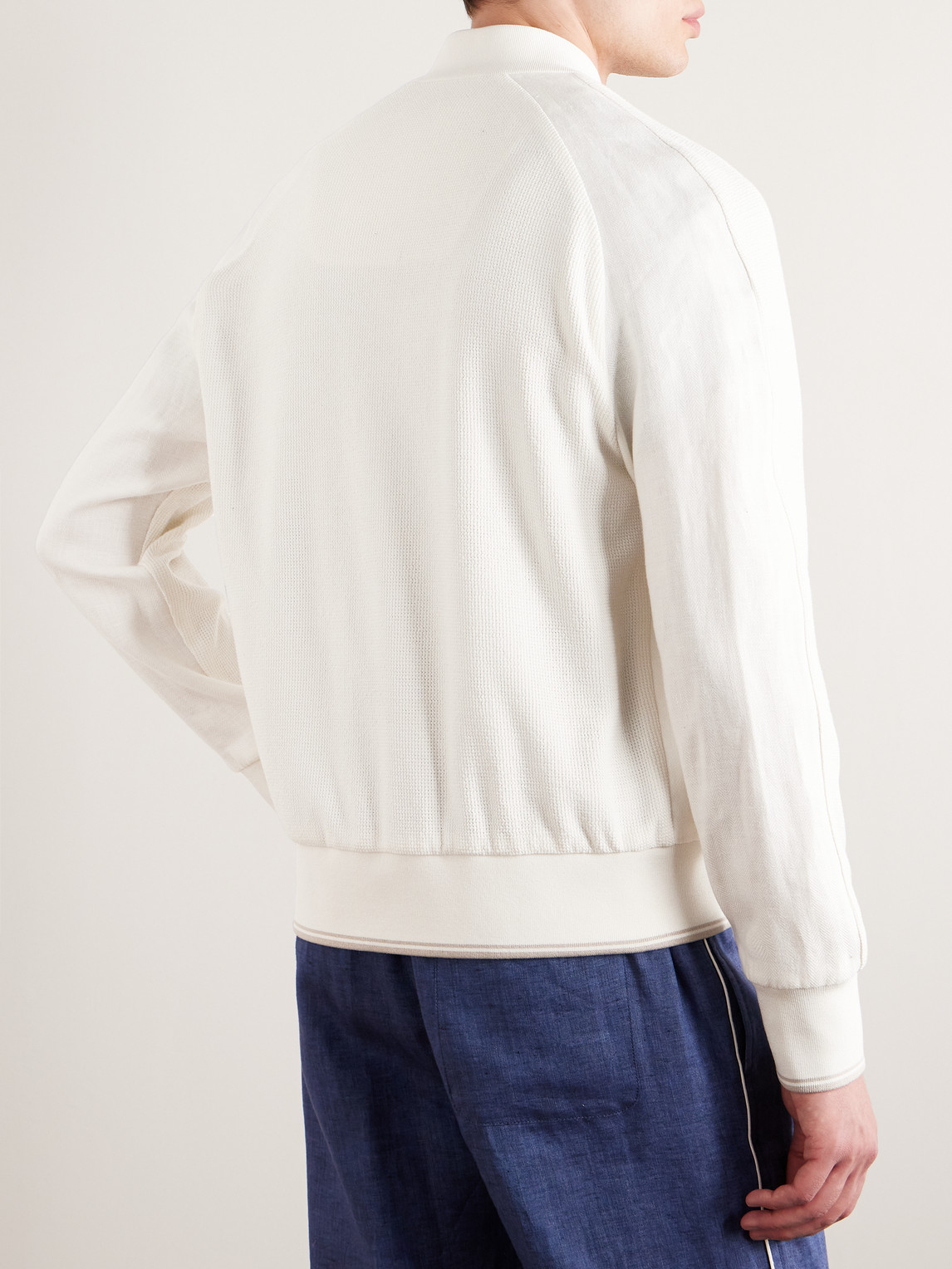 Shop Loro Piana Panelled Herringbone And Waffle-knit Linen And Silk Bomber Jacket In White