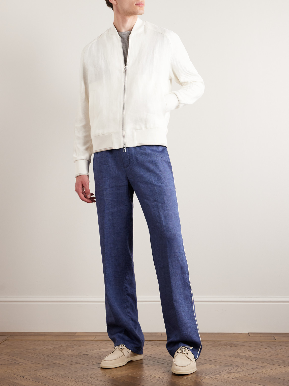 Shop Loro Piana Panelled Herringbone And Waffle-knit Linen And Silk Bomber Jacket In White