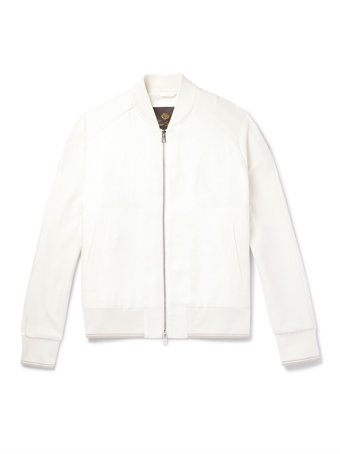 Loro Piana Panelled Herringbone And Waffle-knit Linen And Silk Bomber Jacket In White