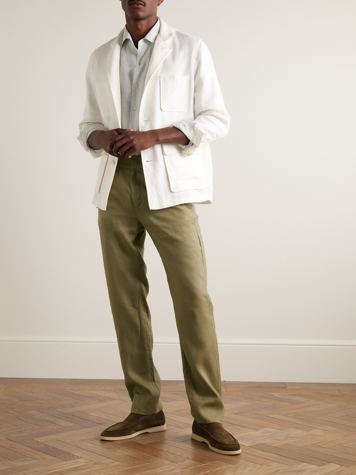 Shop Loro Piana Gadd Straight-leg Linen Trousers In Green