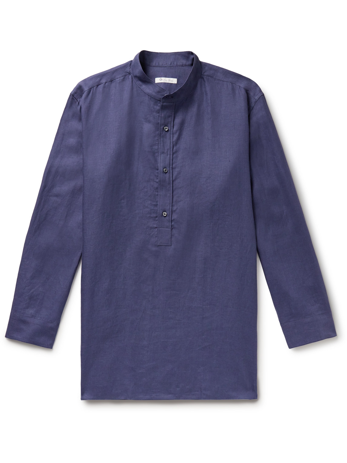 Loro Piana Jeri Grandad-collar Linen Half-placket Shirt In Blue