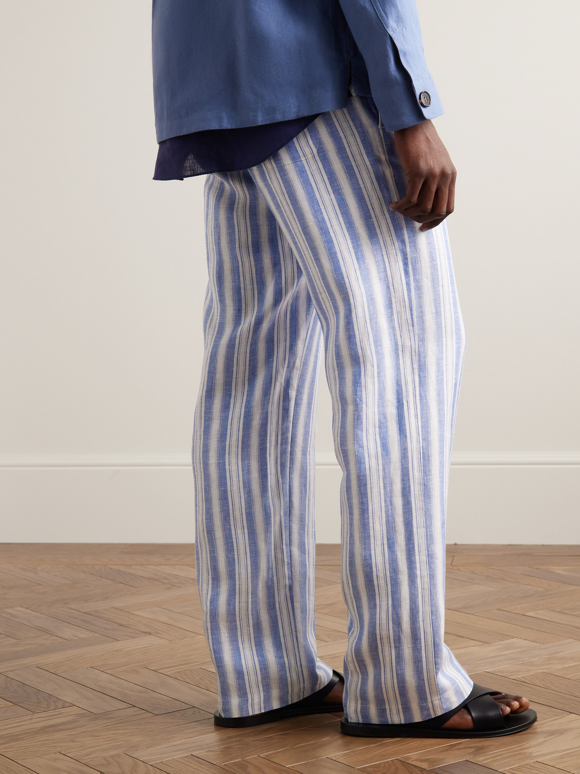 Shop Loro Piana Heirai Straight-leg Striped Linen Drawstring Trousers In Blue