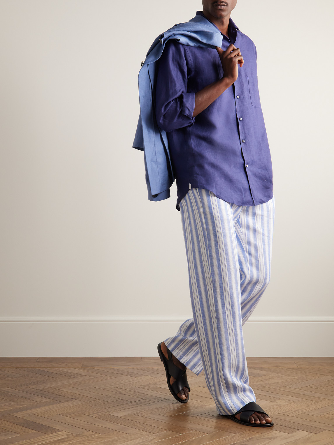 Shop Loro Piana Heirai Straight-leg Striped Linen Drawstring Trousers In Blue