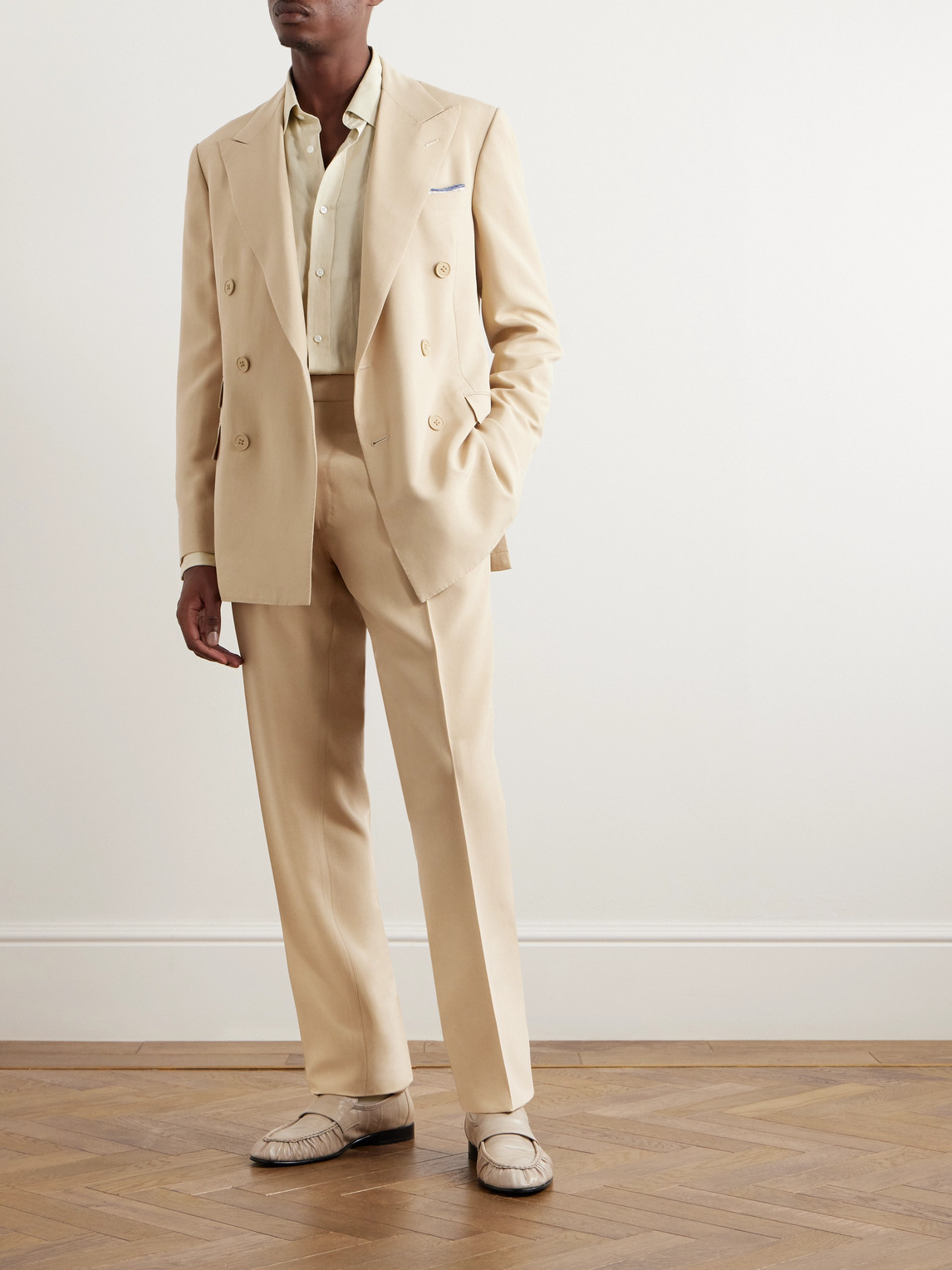 Shop Ralph Lauren Purple Label Slim-fit Double-breasted Silk-shantung Suit In Neutrals