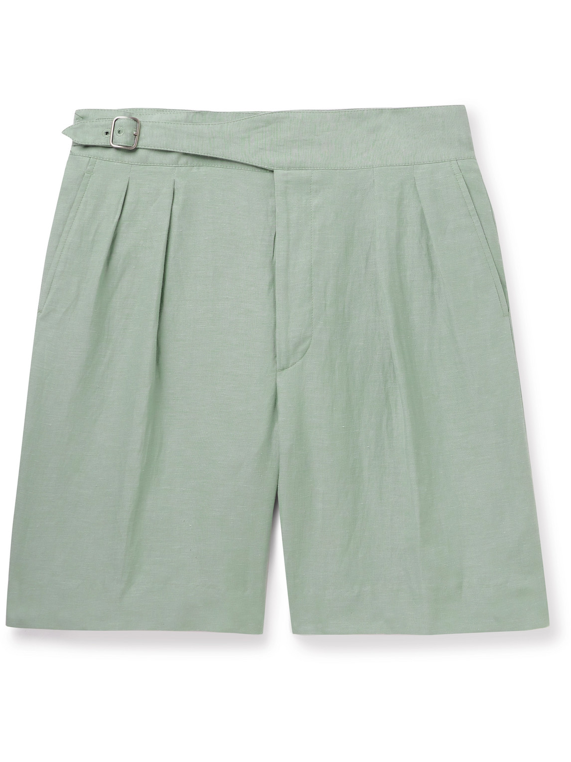 Ralph Lauren Purple Label Byron Straight-leg Pleated Silk And Linen-blend Shorts In Green
