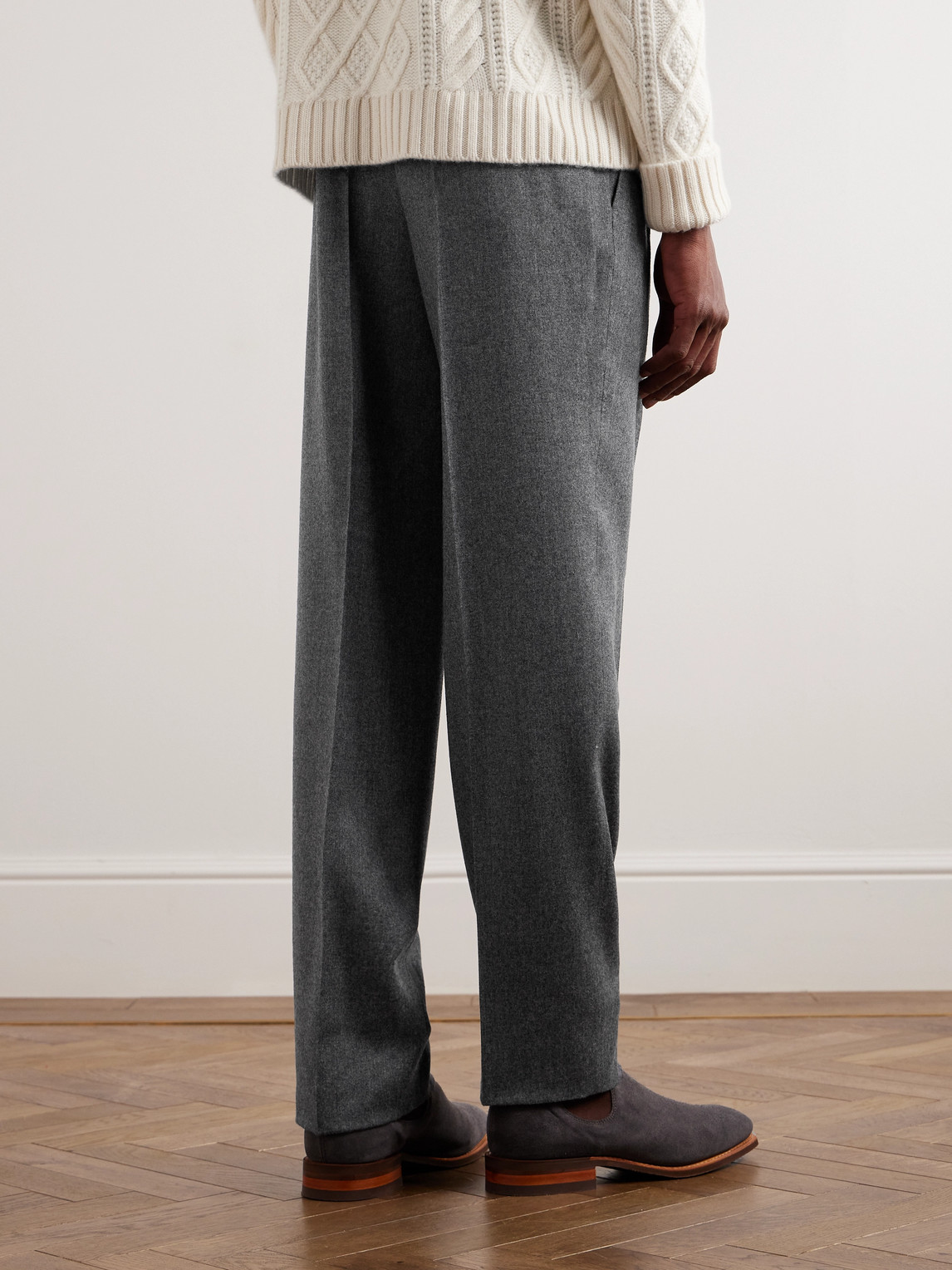 Shop Purdey Straight-leg Pleated Wool-flannel Trousers In Gray