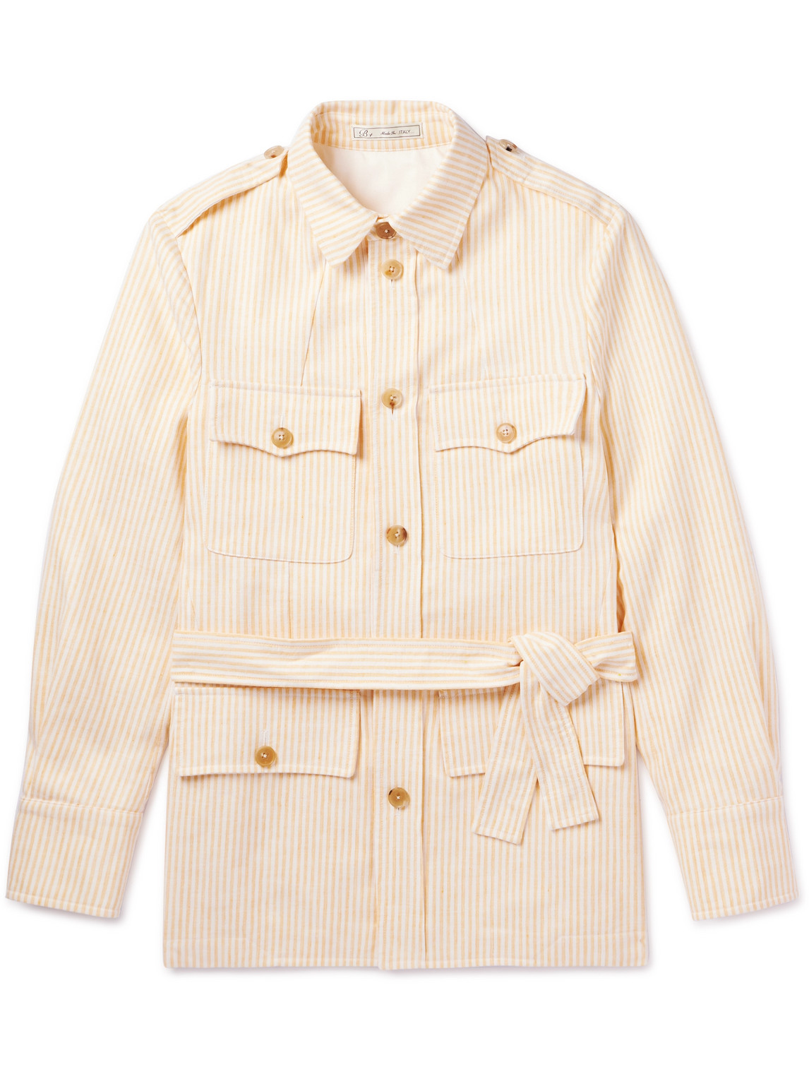 Belted Striped Cotton and Linen-Blend Twill Jacket