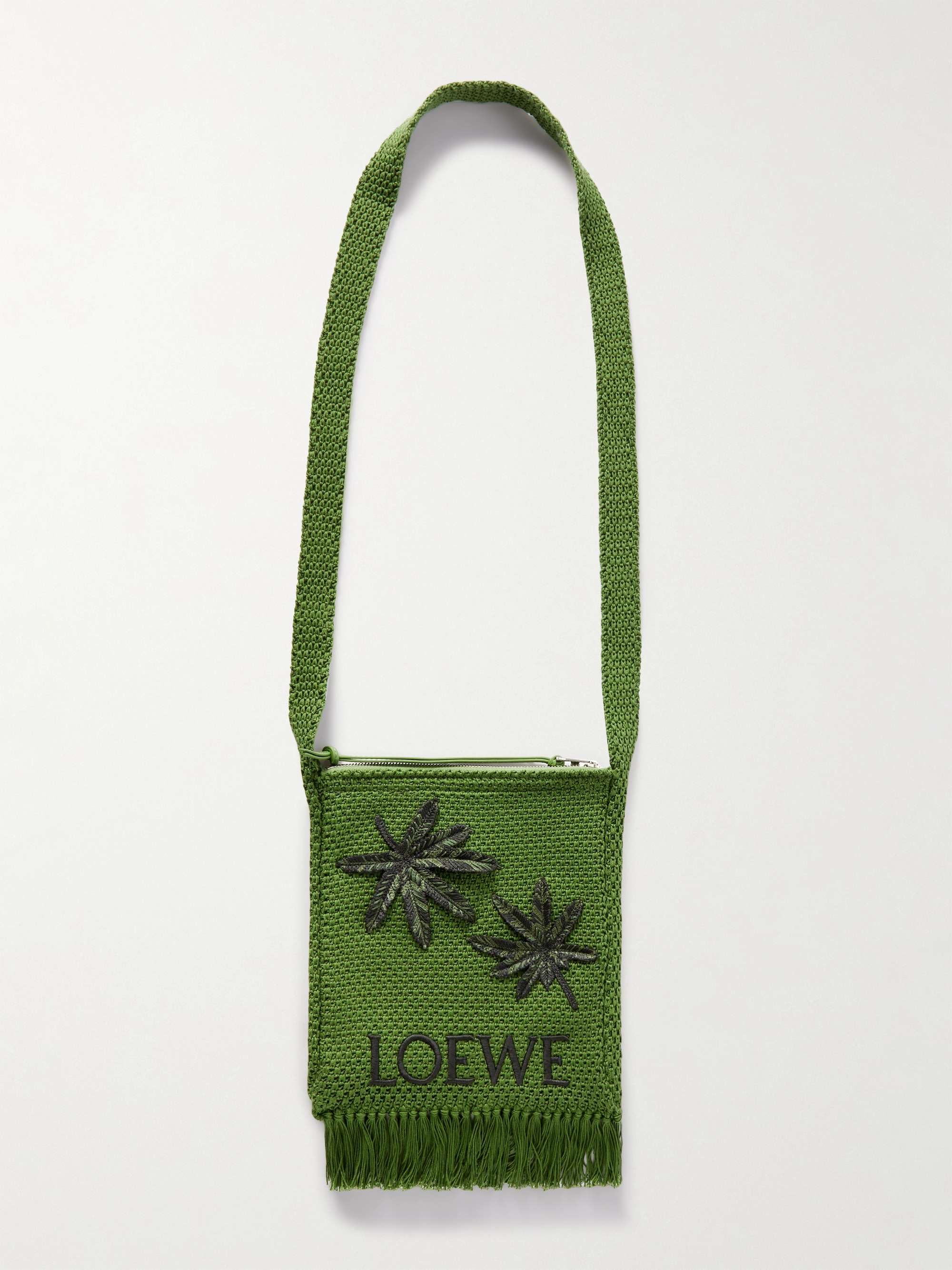 LOEWE + Paula's Ibiza Appliquéd Logo-Embroidered Fringed Crocheted Messenger Bag