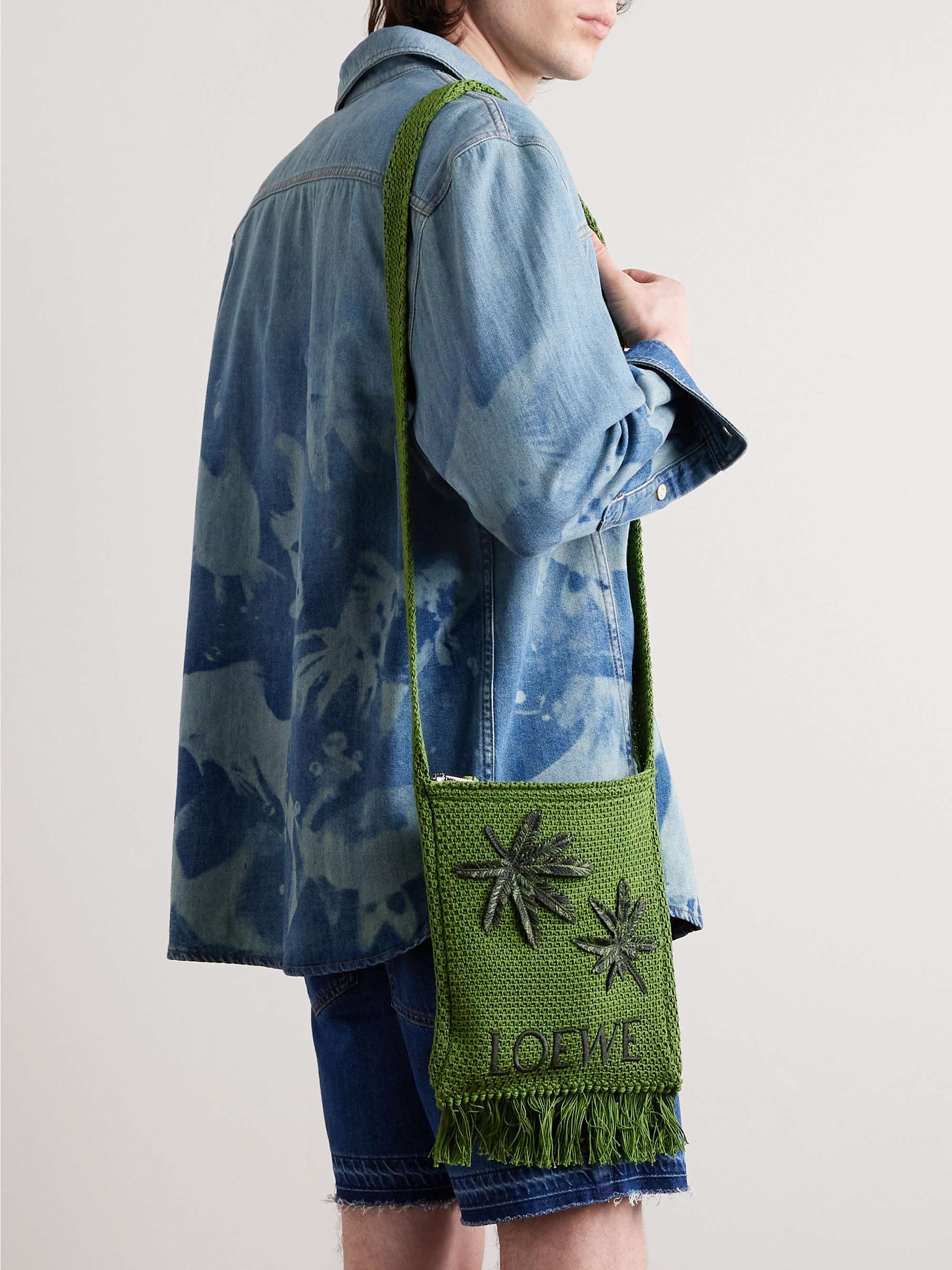 LOEWE + Paula's Ibiza Appliquéd Logo-Embroidered Fringed Crocheted Messenger Bag