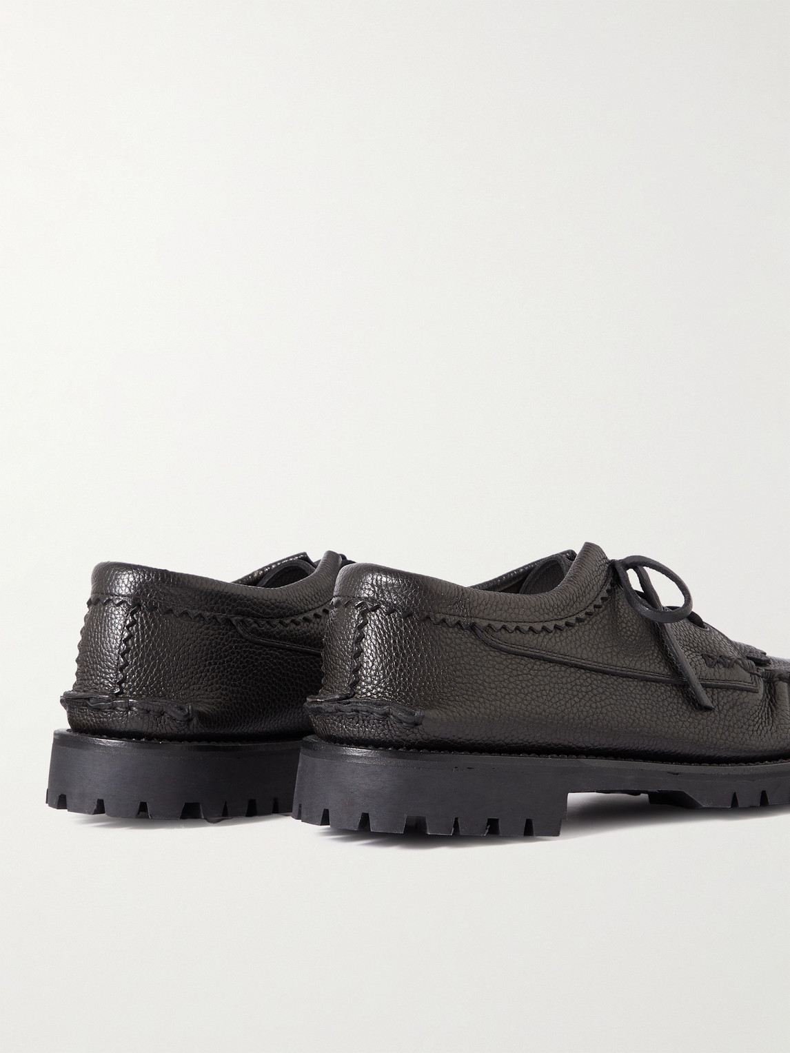 Shop Yuketen Fringed Full-grain Leather Kiltie Boat Shoes In Black